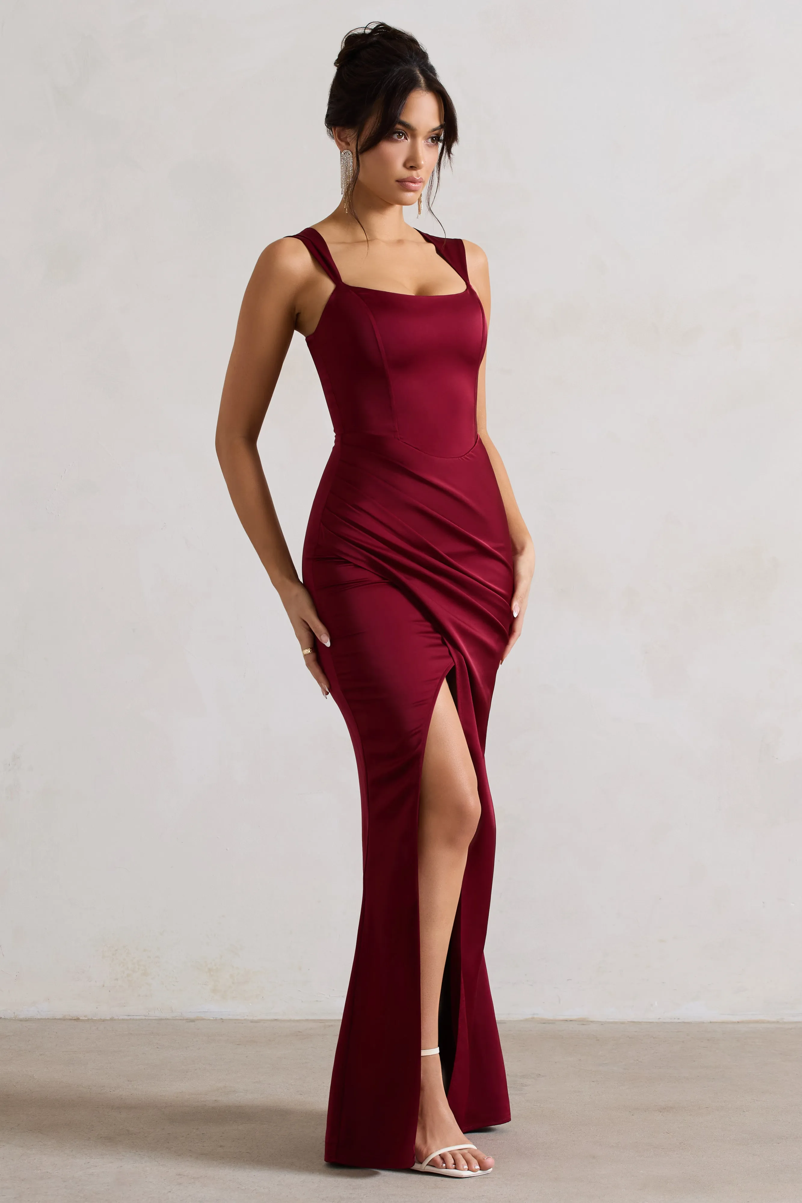 A Romantic | Berry Satin Corset Wrap Maxi Dress Club L London
