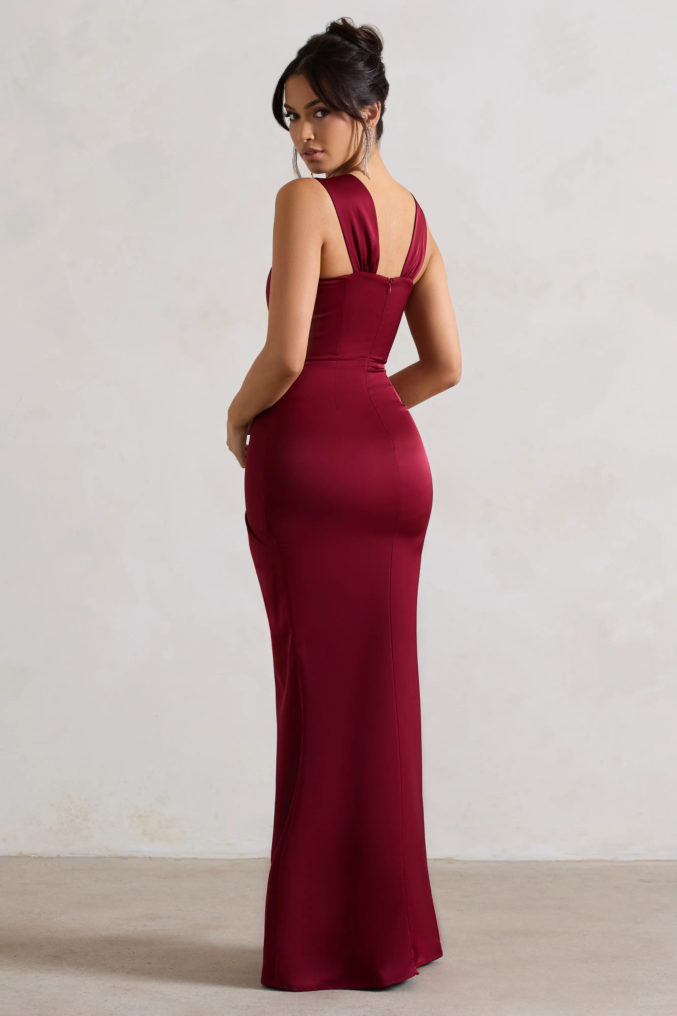 A Romantic | Berry Satin Corset Wrap Maxi Dress Club L London