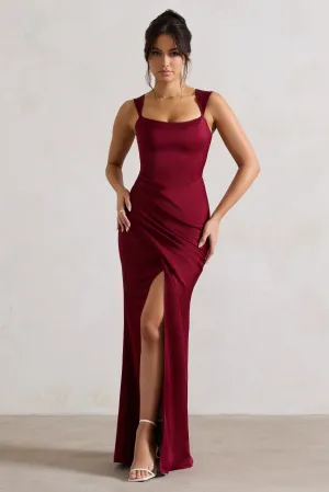 A Romantic | Berry Satin Corset Wrap Maxi Dress Club L London