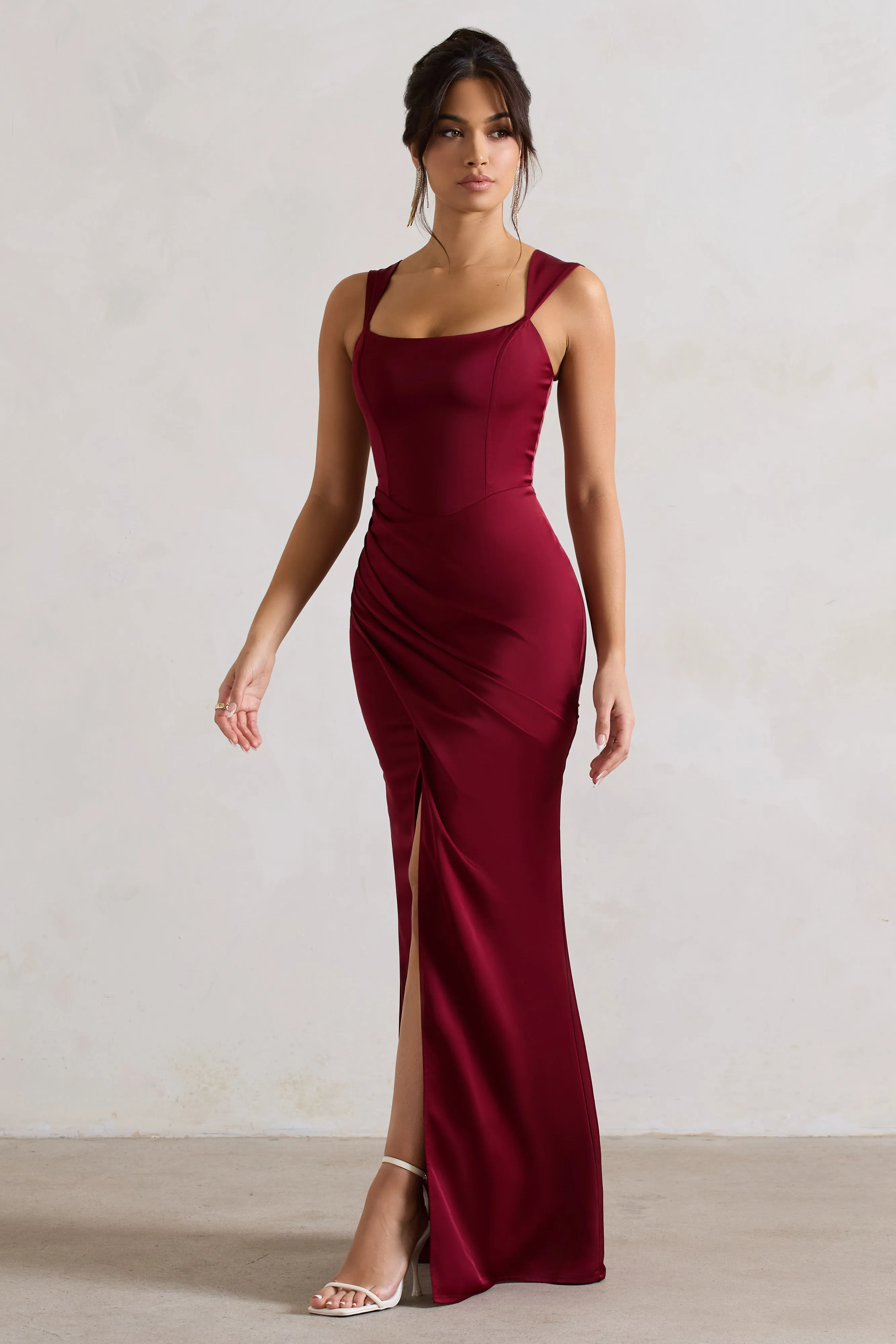 A Romantic | Berry Satin Corset Wrap Maxi Dress Club L London