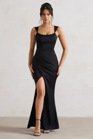 A Romantic | Black Satin Corset Wrap Maxi Dress Club L London