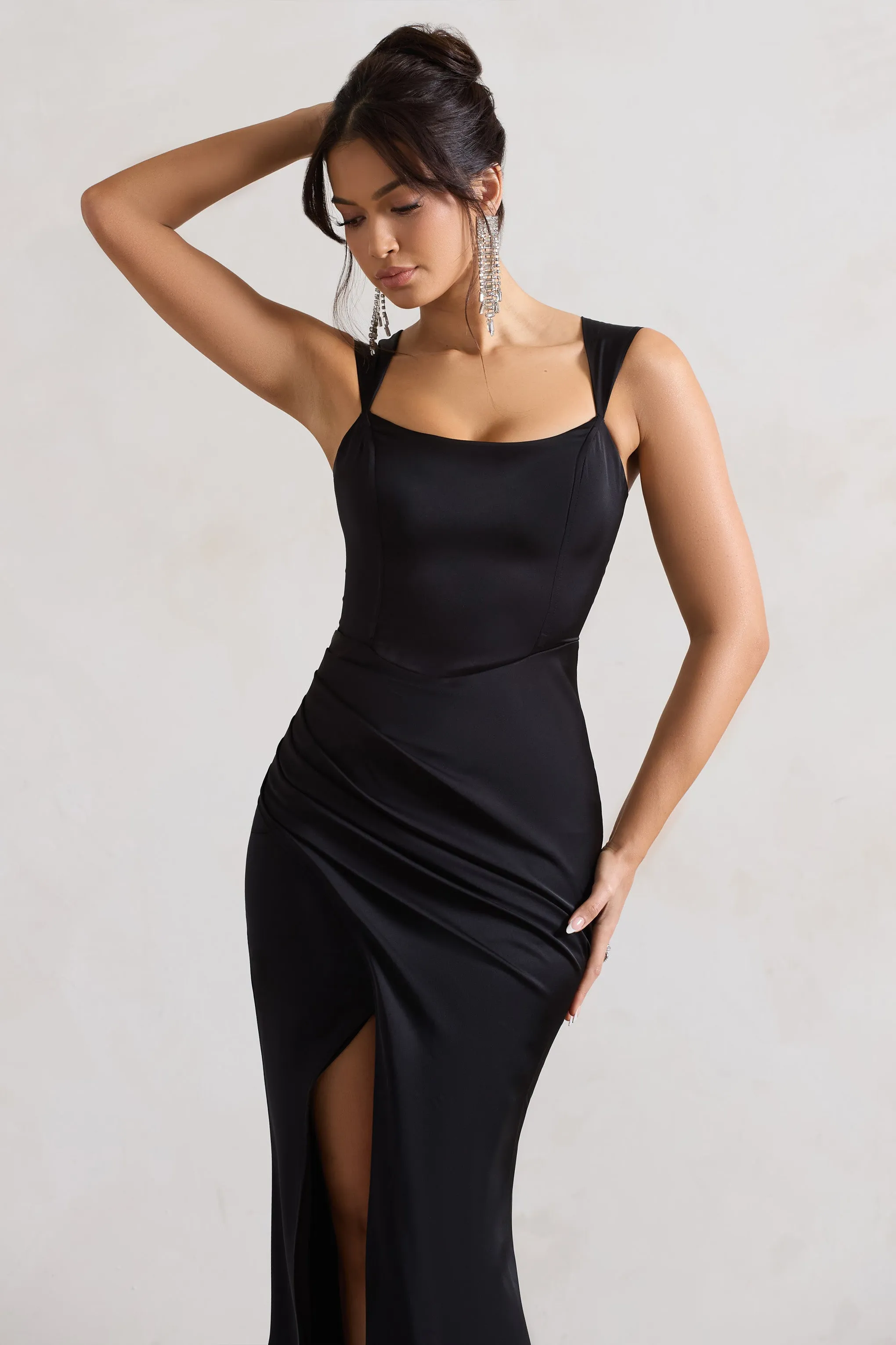 A Romantic | Black Satin Corset Wrap Maxi Dress Club L London