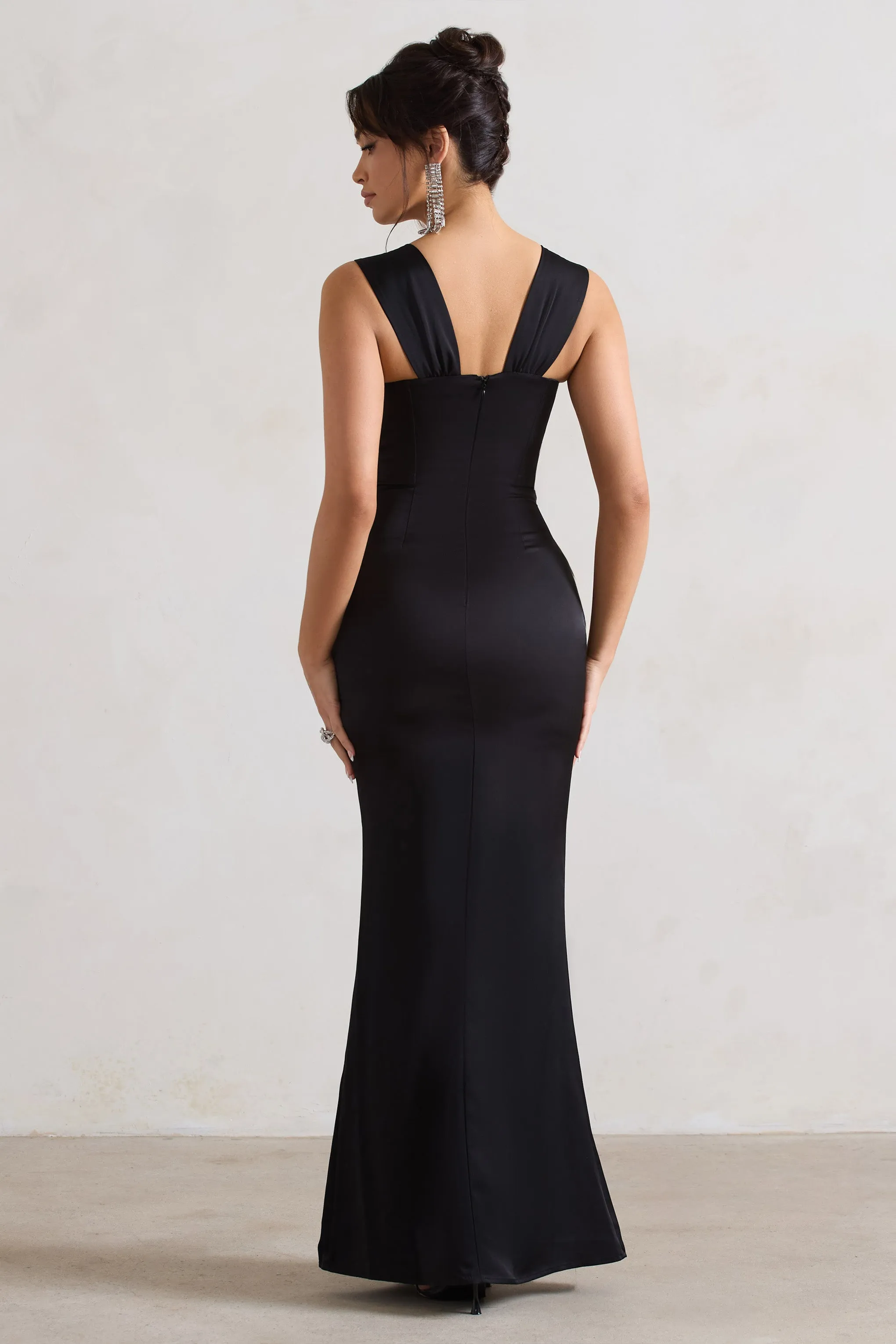 A Romantic | Black Satin Corset Wrap Maxi Dress Club L London