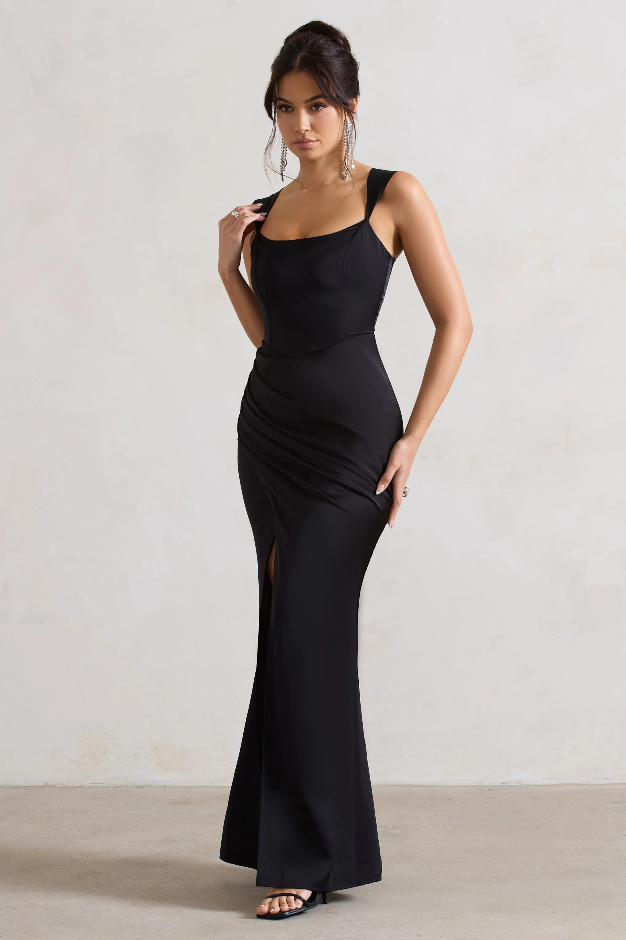 A Romantic | Black Satin Corset Wrap Maxi Dress Club L London