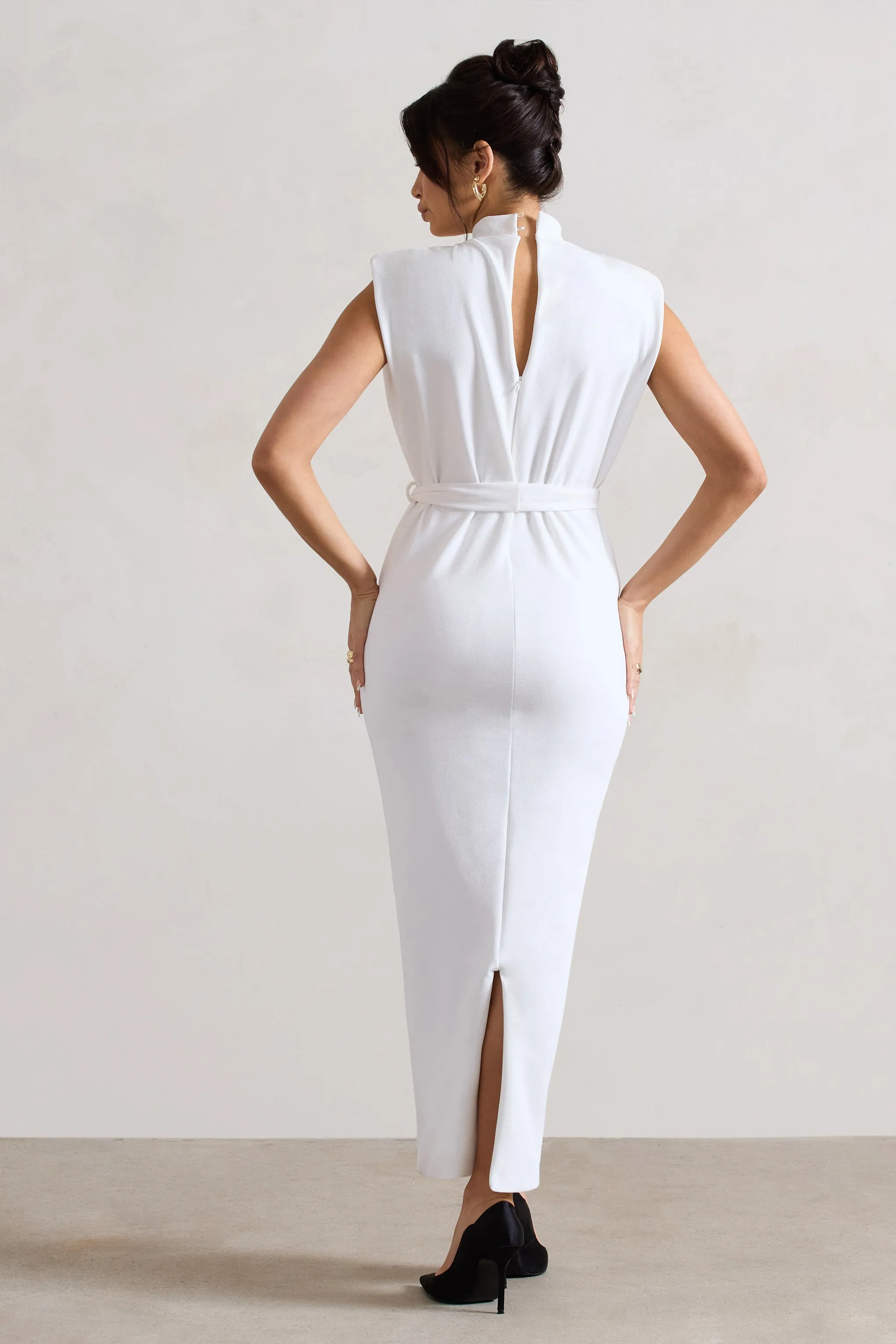 Abbie | White High-Neck Maxi Dress With Tie Waist Club L London