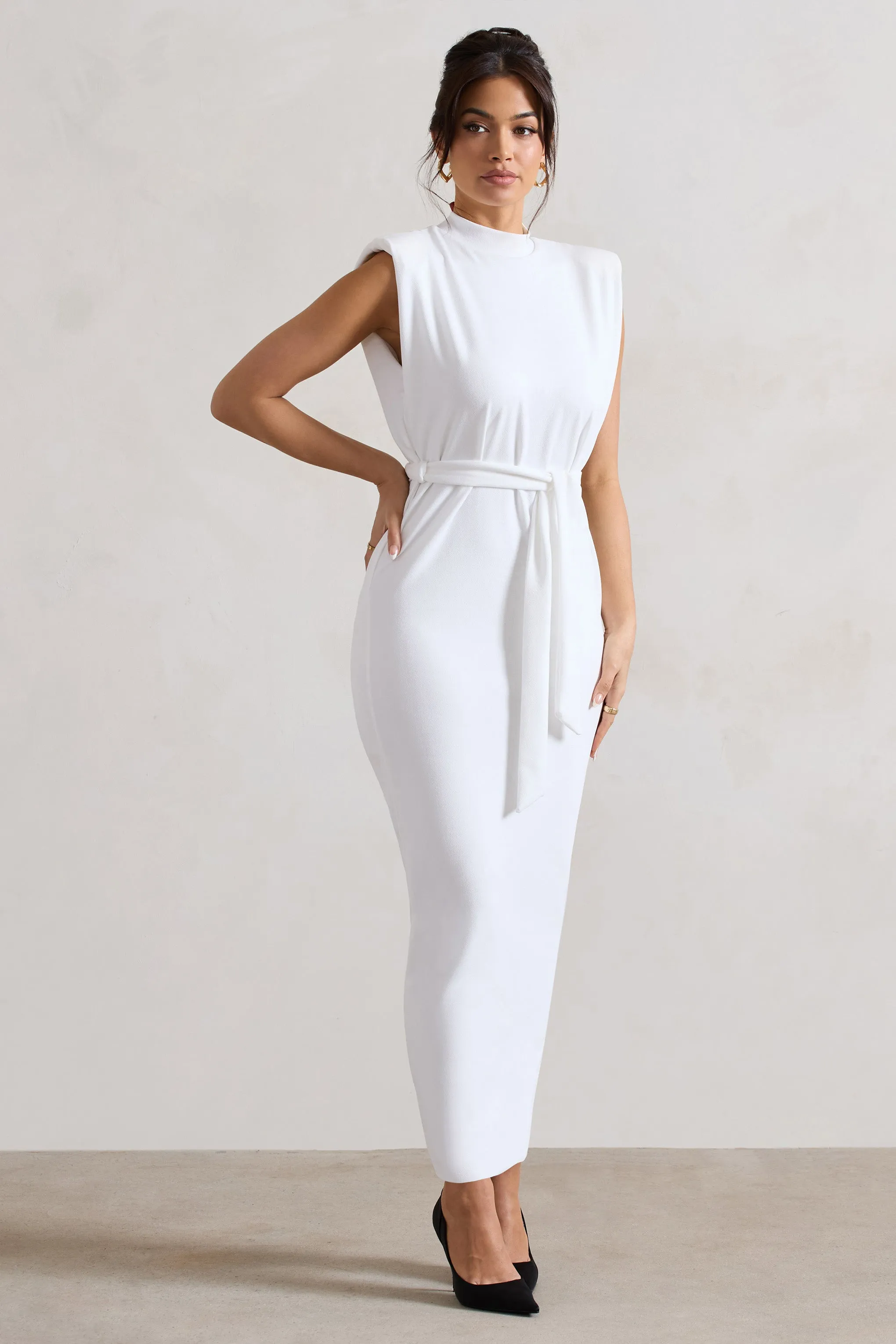Abbie | White High-Neck Maxi Dress With Tie Waist Club L London