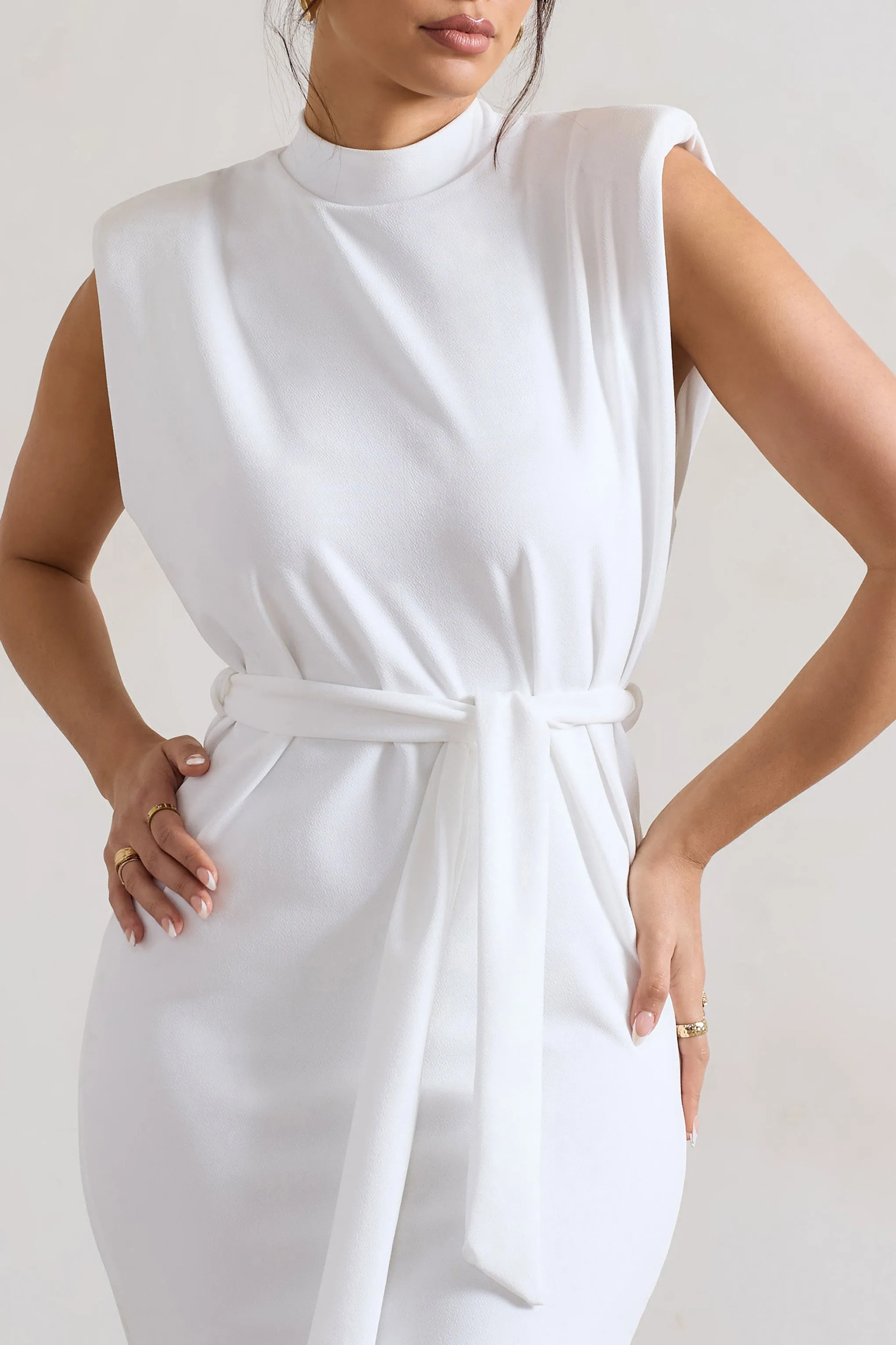 Abbie | White High-Neck Maxi Dress With Tie Waist Club L London