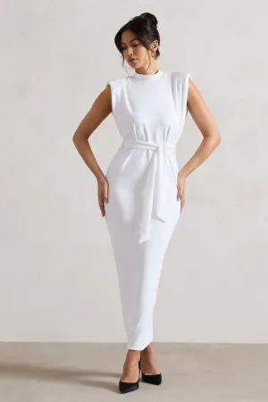 Abbie | White High-Neck Maxi Dress With Tie Waist Club L London