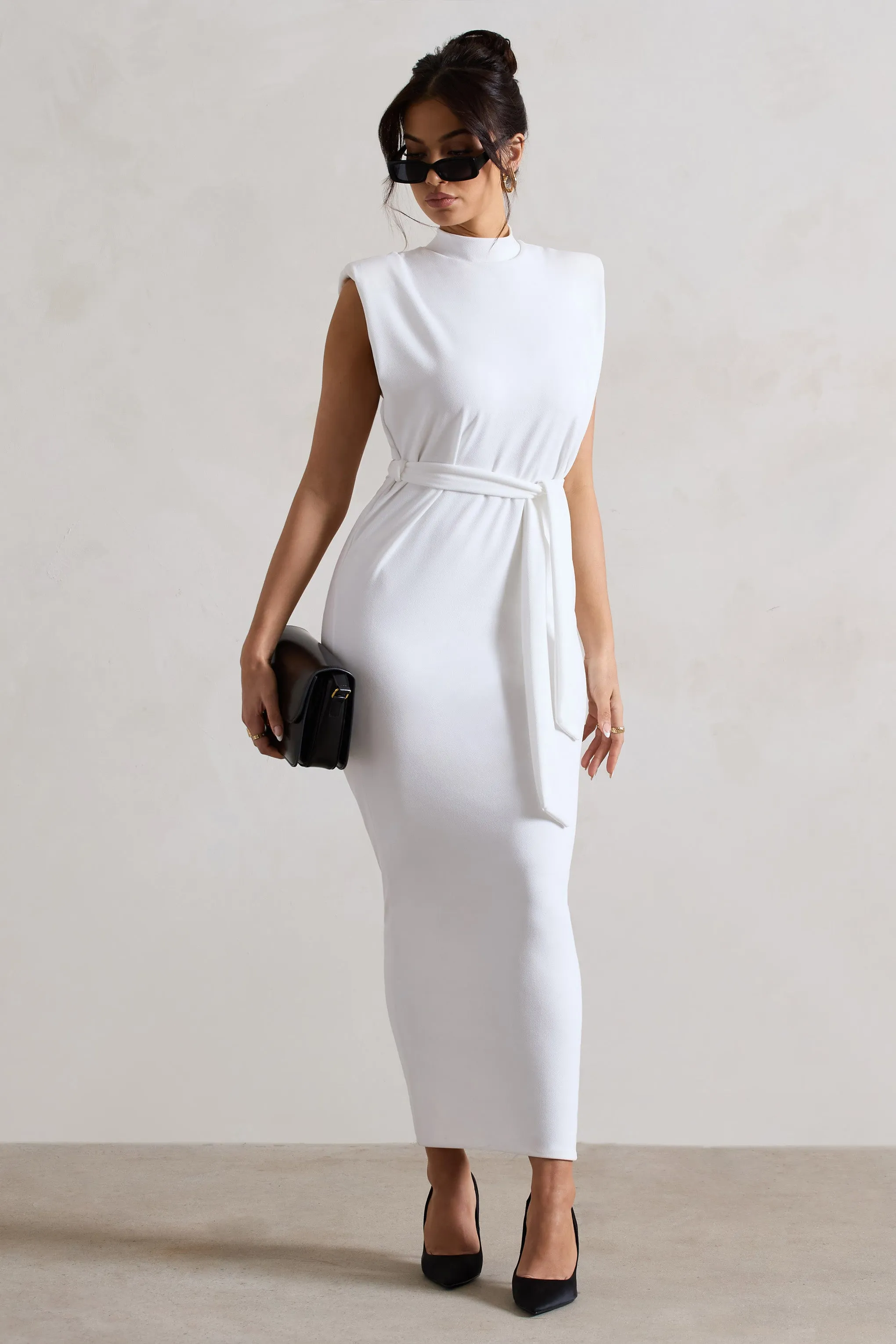 Abbie | White High-Neck Maxi Dress With Tie Waist Club L London