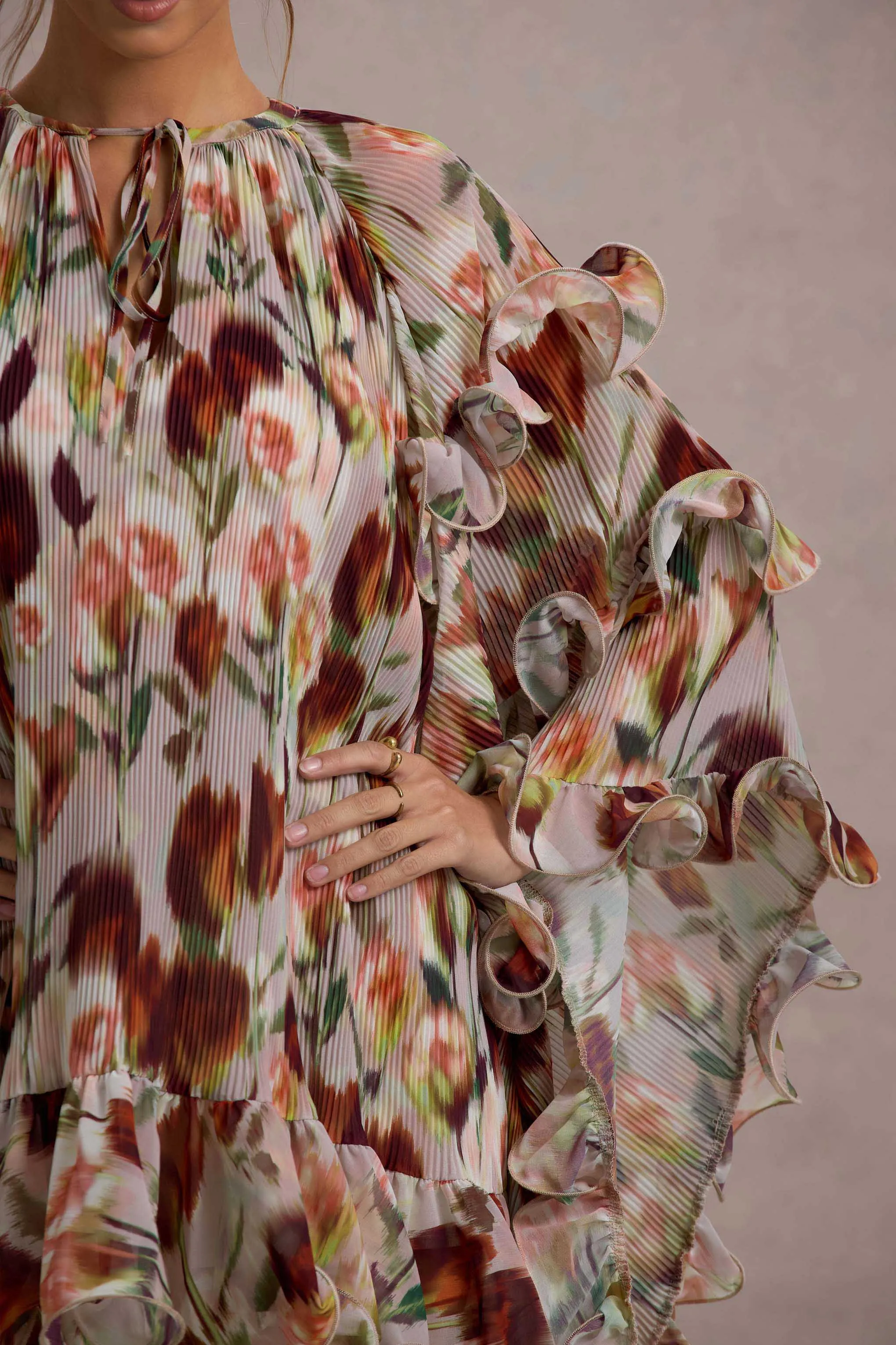 Abelia | Cream Floral Print High-Neck Cape-Sleeve Chiffon Mini Dress Club L London