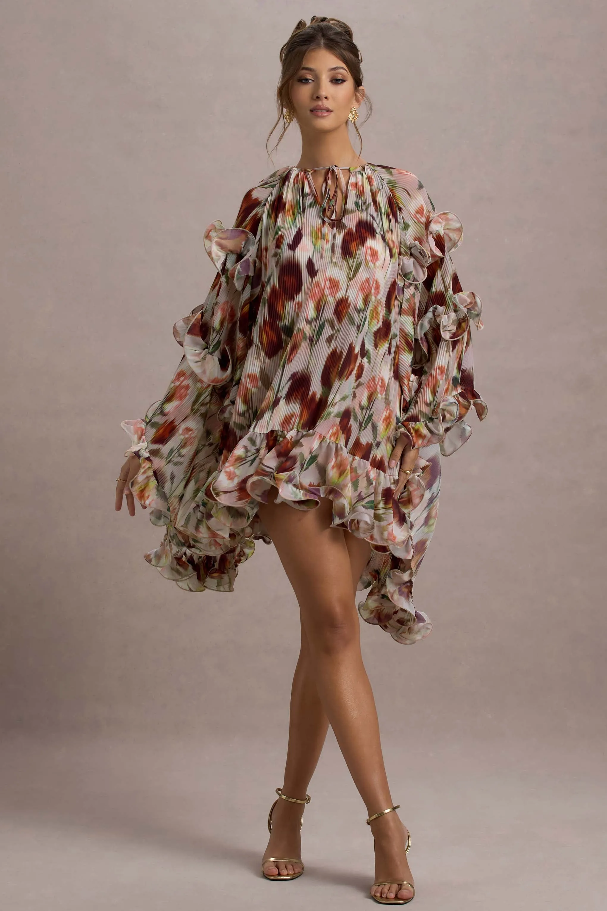 Abelia | Cream Floral Print High-Neck Cape-Sleeve Chiffon Mini Dress Club L London