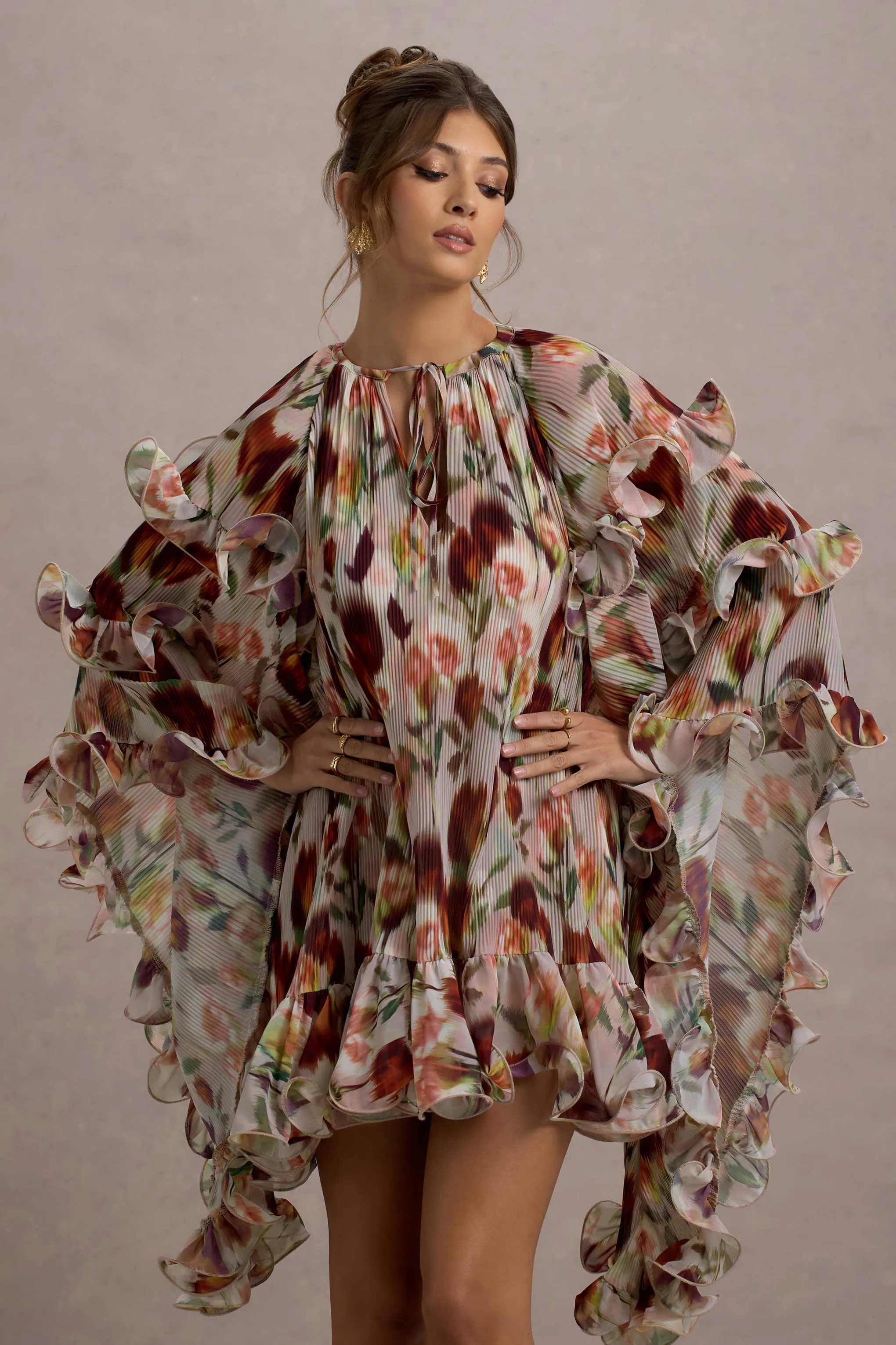 Abelia | Cream Floral Print High-Neck Cape-Sleeve Chiffon Mini Dress Club L London