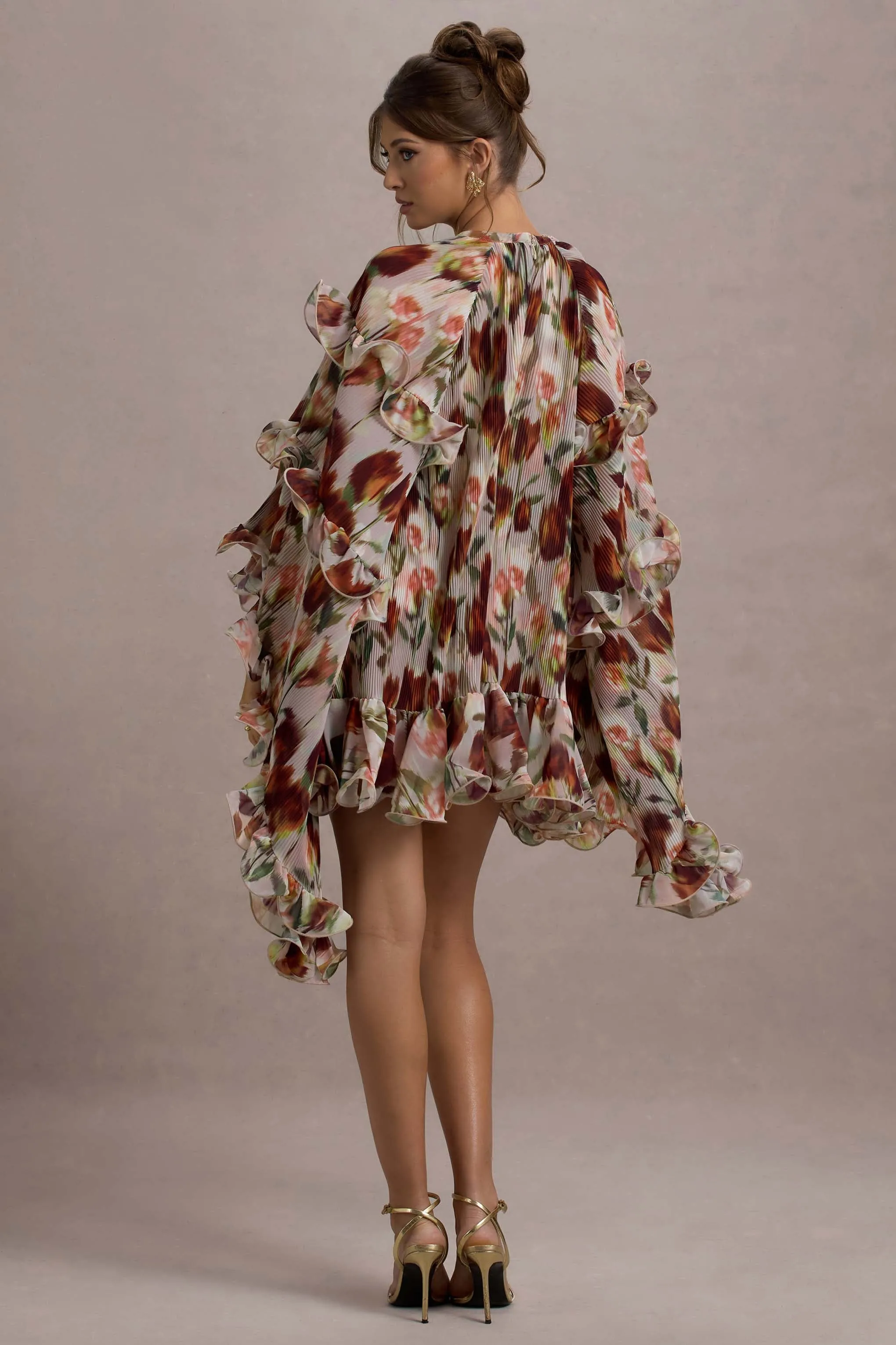 Abelia | Cream Floral Print High-Neck Cape-Sleeve Chiffon Mini Dress Club L London