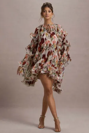 Abelia | Cream Floral Print High-Neck Cape-Sleeve Chiffon Mini Dress Club L London