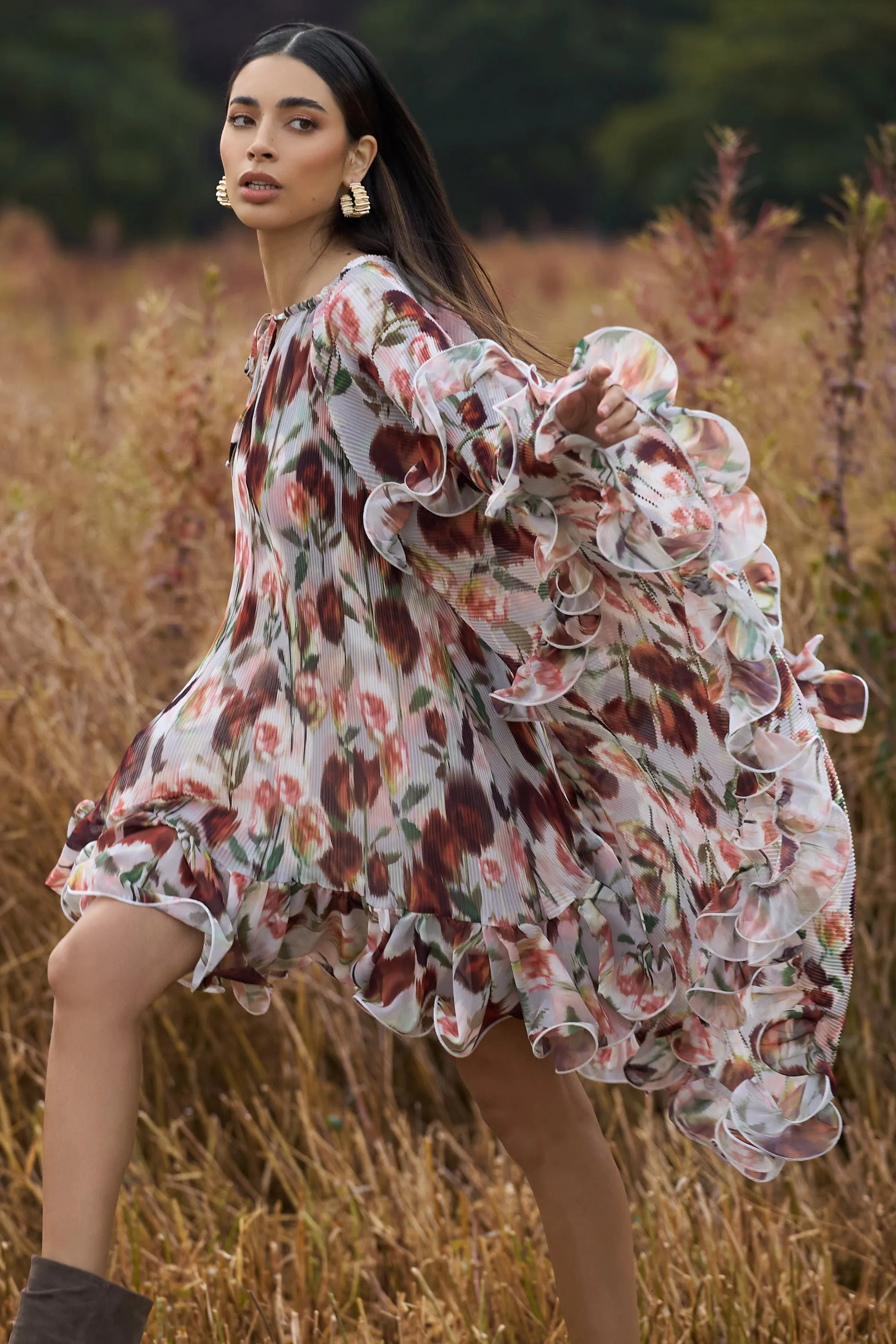 Abelia | Cream Floral Print High-Neck Cape-Sleeve Chiffon Mini Dress Club L London