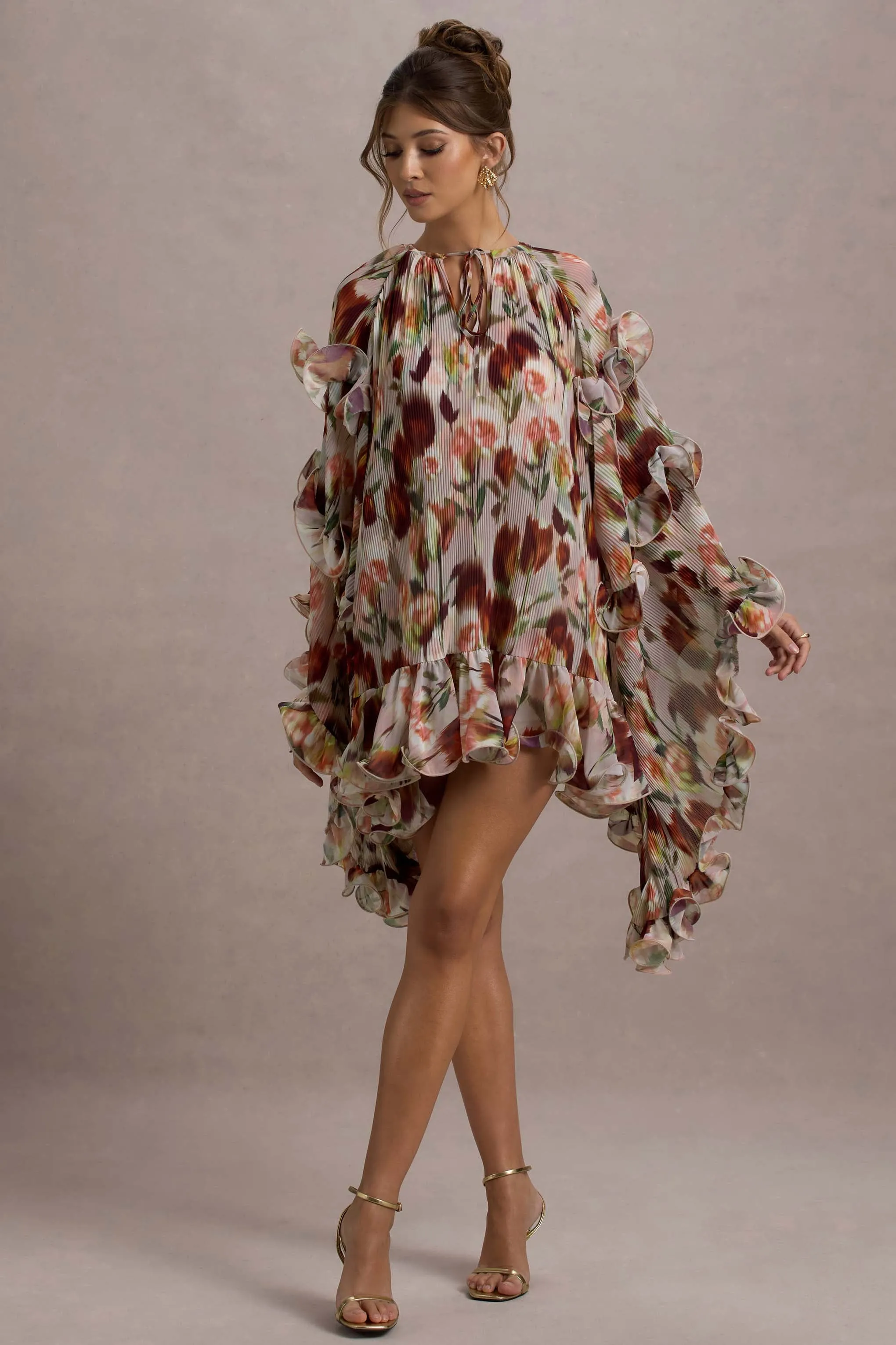 Abelia | Cream Floral Print High-Neck Cape-Sleeve Chiffon Mini Dress Club L London