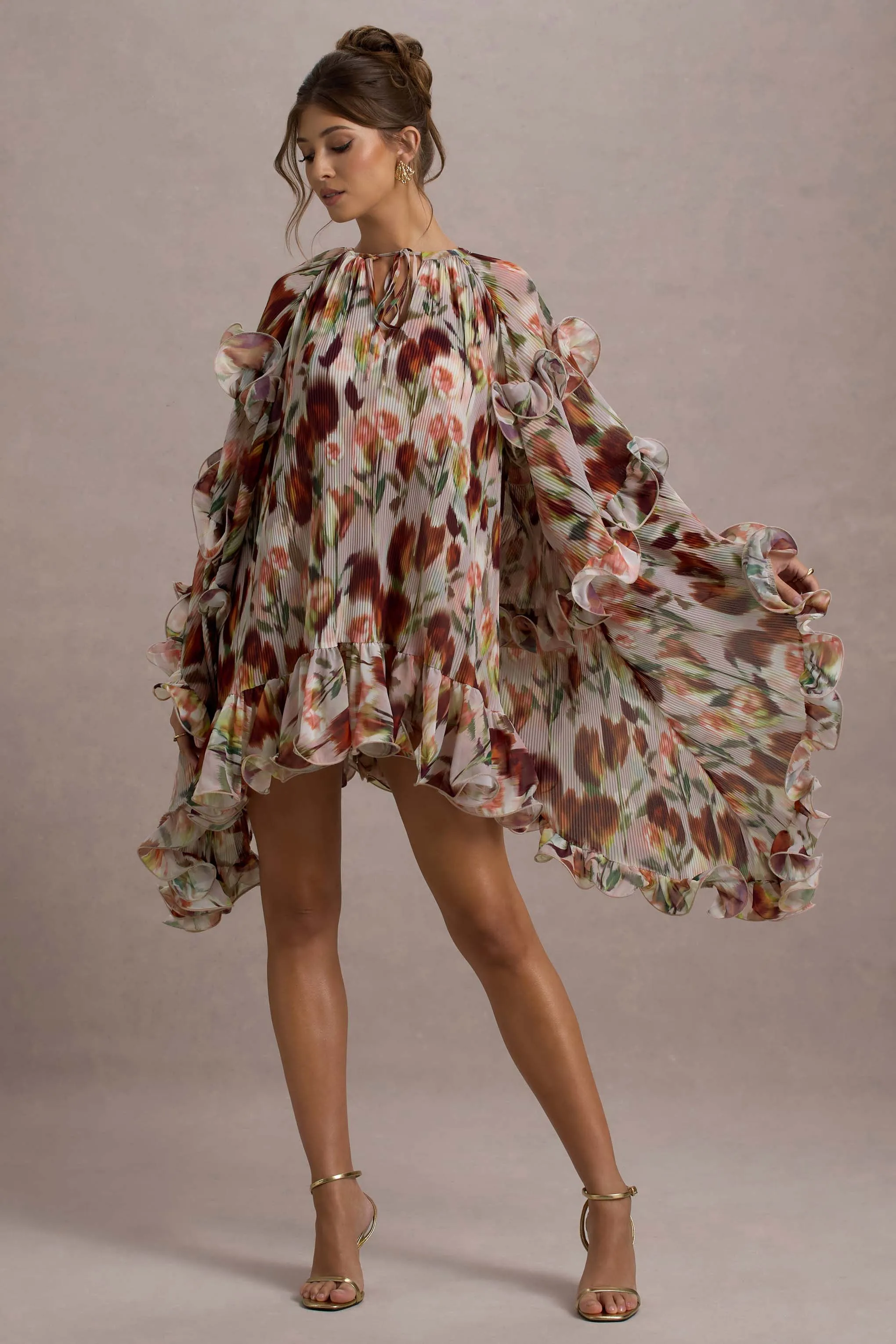 Abelia | Cream Floral Print High-Neck Cape-Sleeve Chiffon Mini Dress Club L London