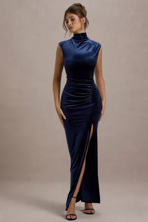 Abilene | Navy Velvet High-Neck Split Maxi Dress Club L London
