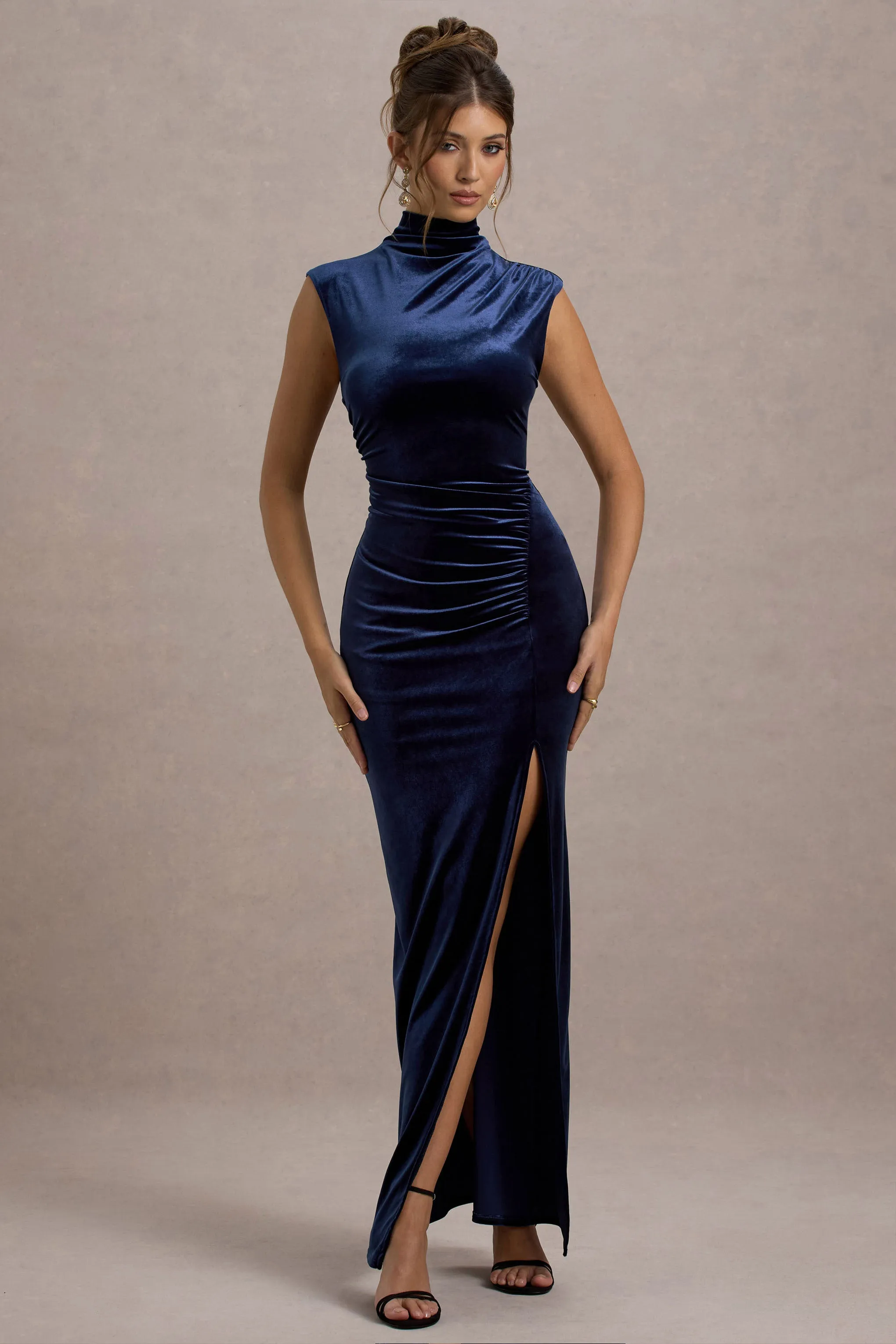 Abilene | Navy Velvet High-Neck Split Maxi Dress Club L London