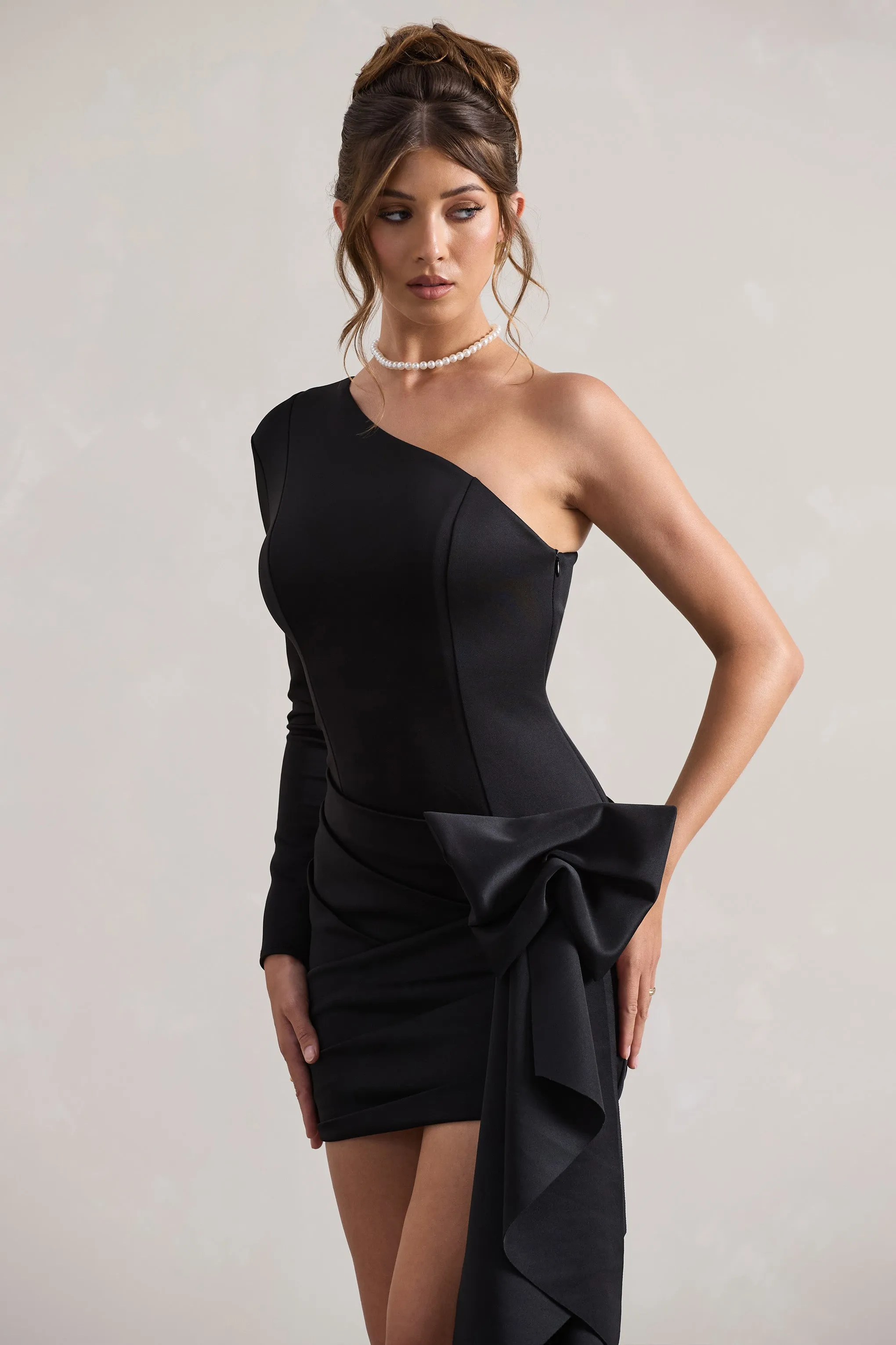 Abstract | Black One Shoulder Mini Dress With Side Drape Club L London