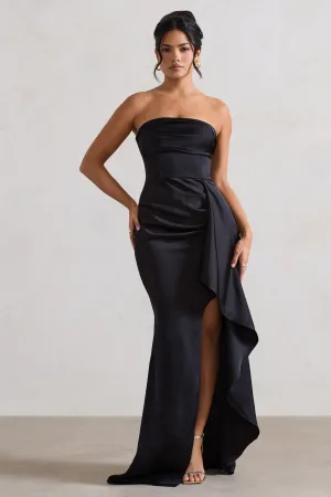 Ace | Black Satin Bandeau Split Maxi Dress With Ruffle Drape Club L London