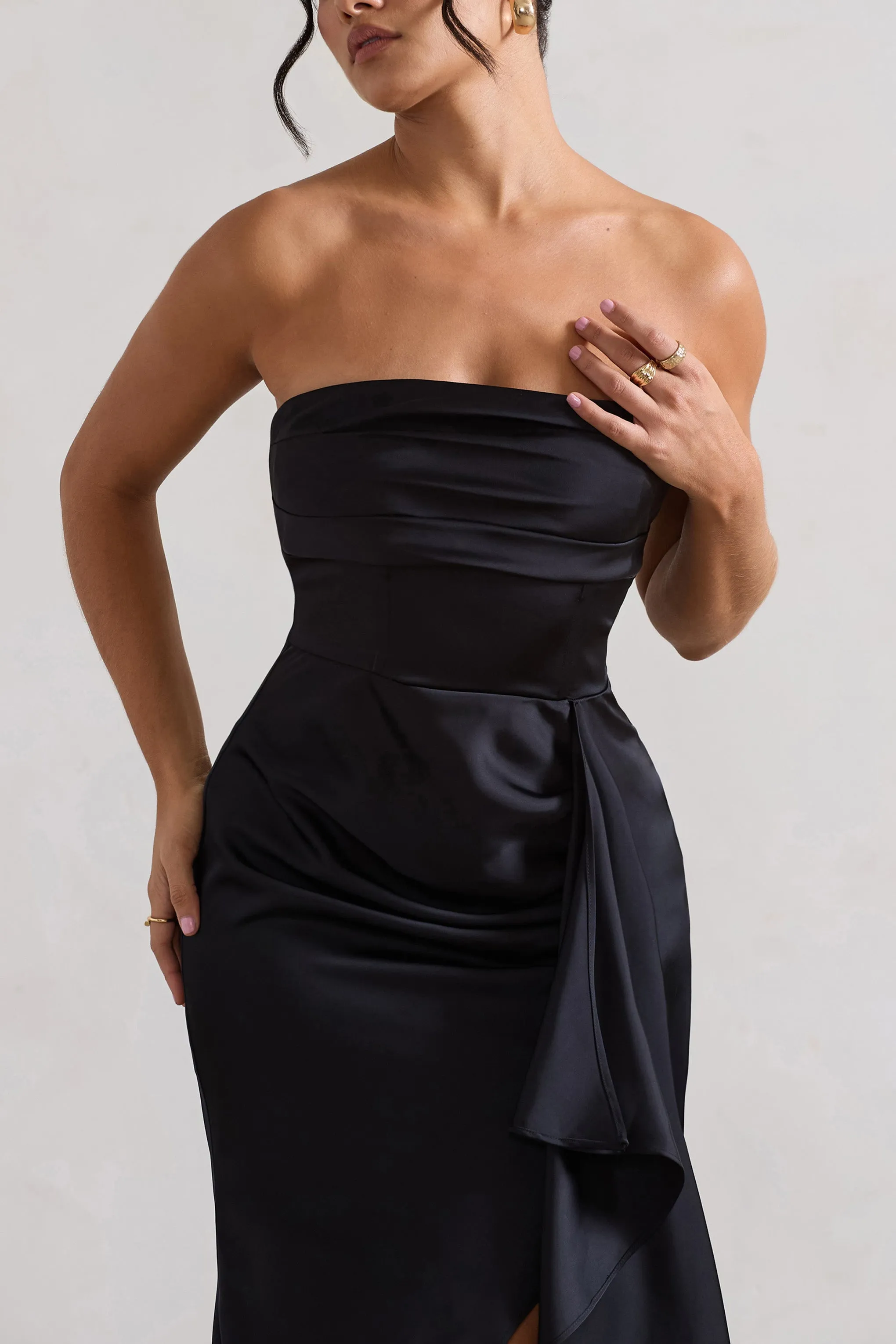 Ace | Black Satin Bandeau Split Maxi Dress With Ruffle Drape Club L London