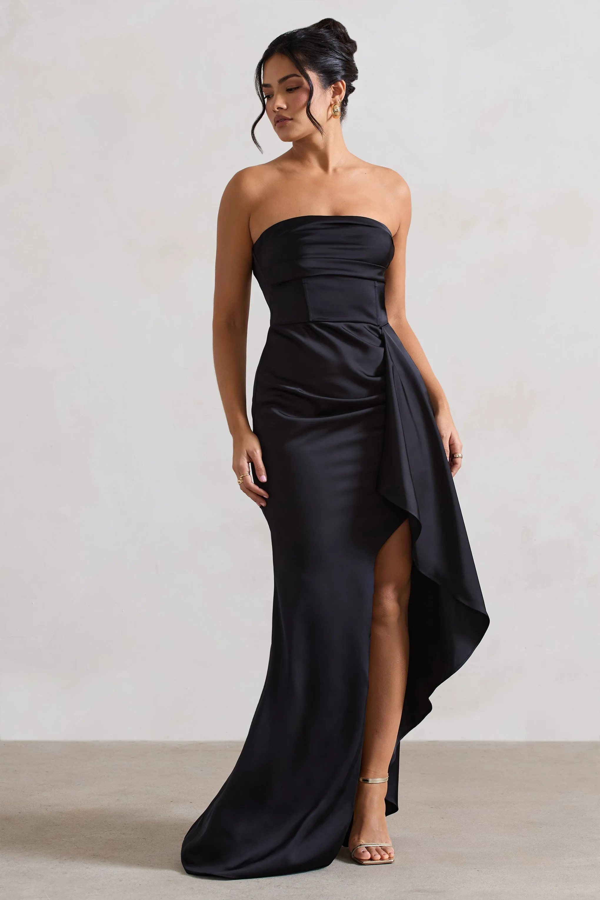Ace | Black Satin Bandeau Split Maxi Dress With Ruffle Drape Club L London