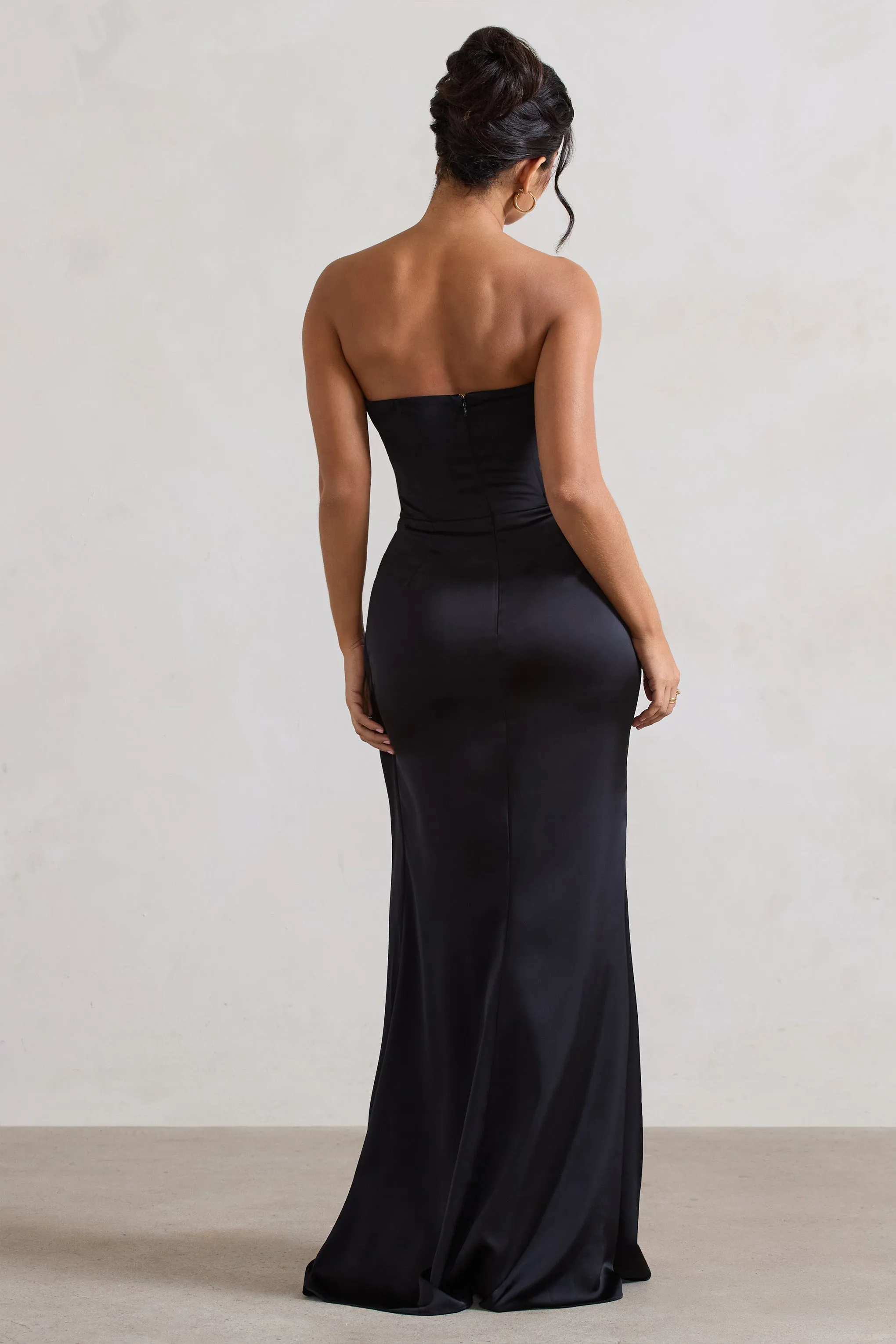 Ace | Black Satin Bandeau Split Maxi Dress With Ruffle Drape Club L London