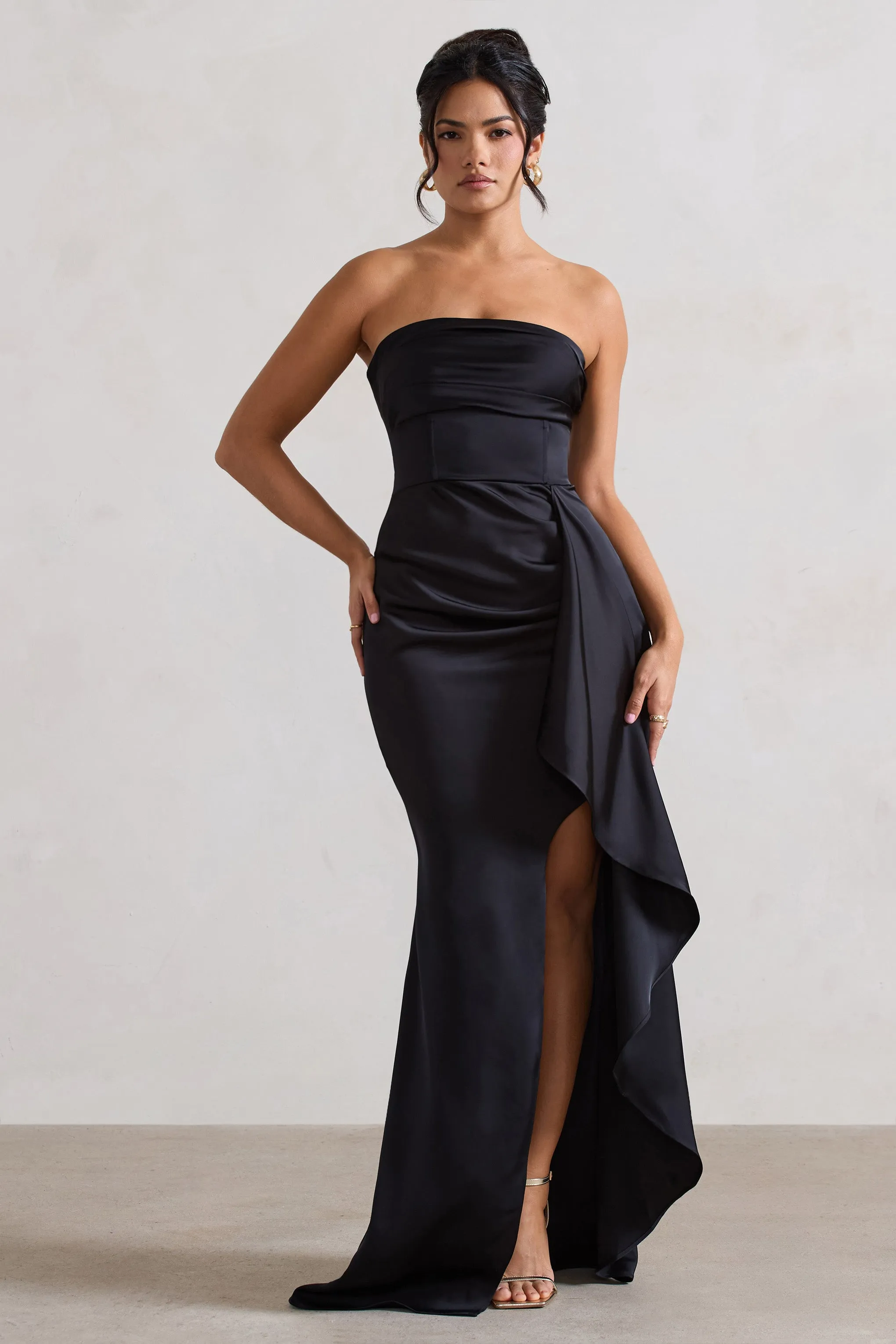 Ace | Black Satin Bandeau Split Maxi Dress With Ruffle Drape Club L London