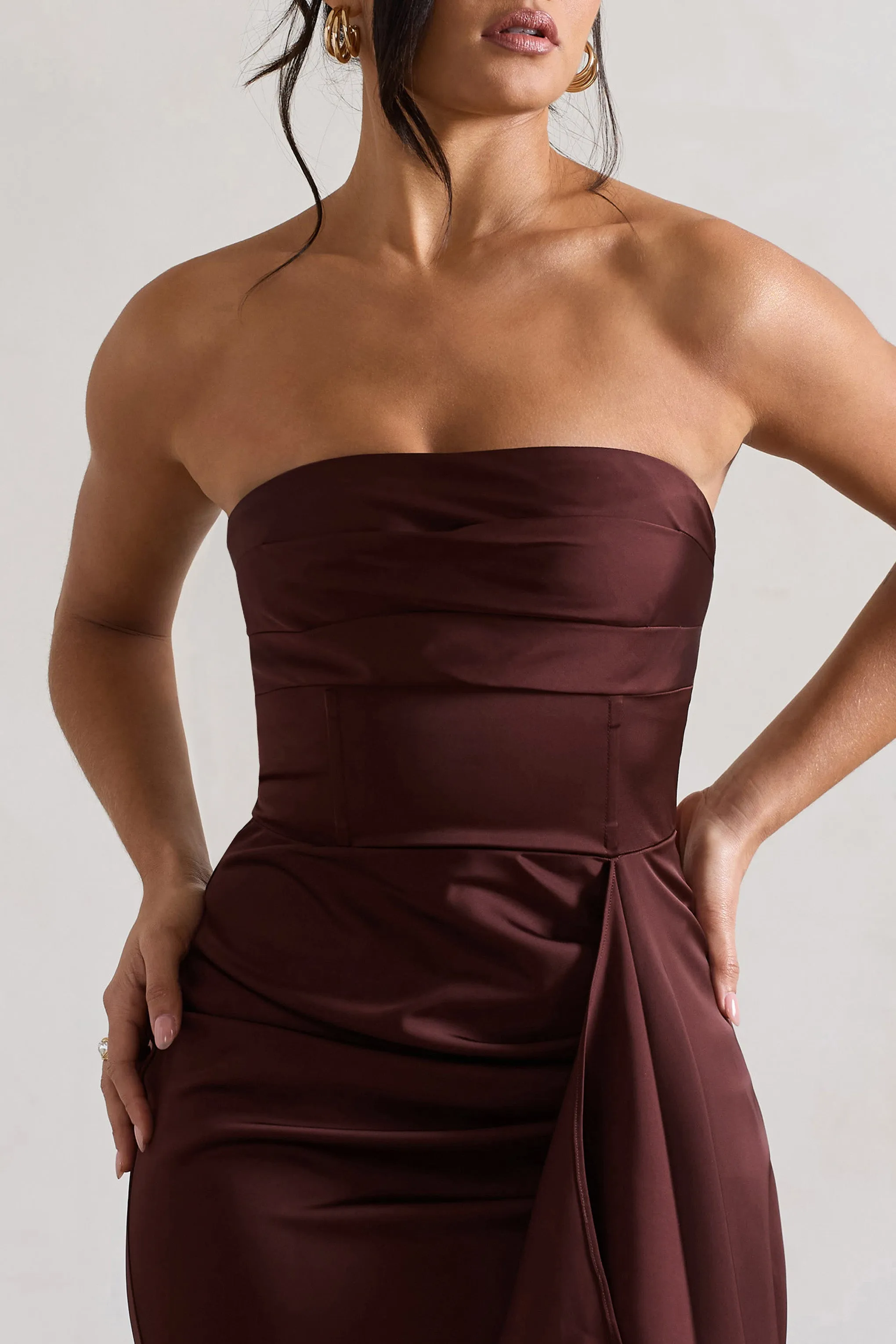 Ace | Chocolate Brown Satin Bandeau Split Maxi Dress With Ruffle Drape Club L London