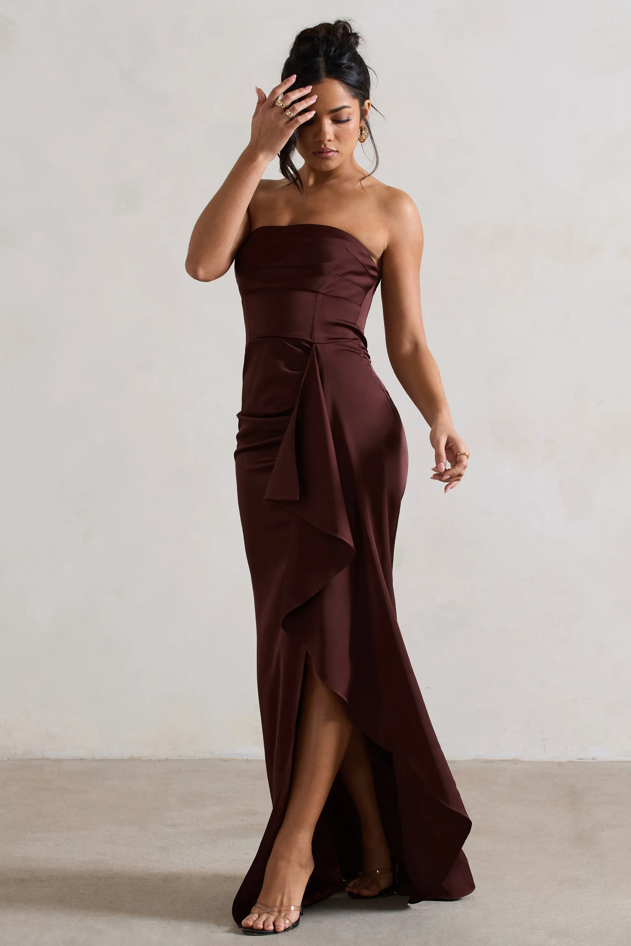 Ace | Chocolate Brown Satin Bandeau Split Maxi Dress With Ruffle Drape Club L London