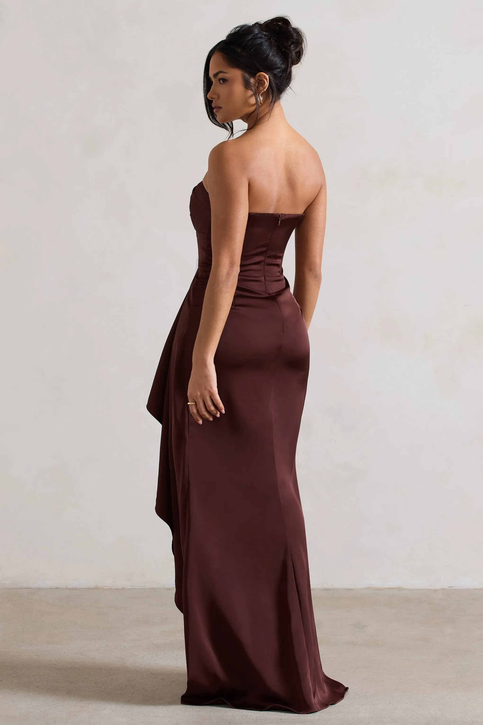 Ace | Chocolate Brown Satin Bandeau Split Maxi Dress With Ruffle Drape Club L London