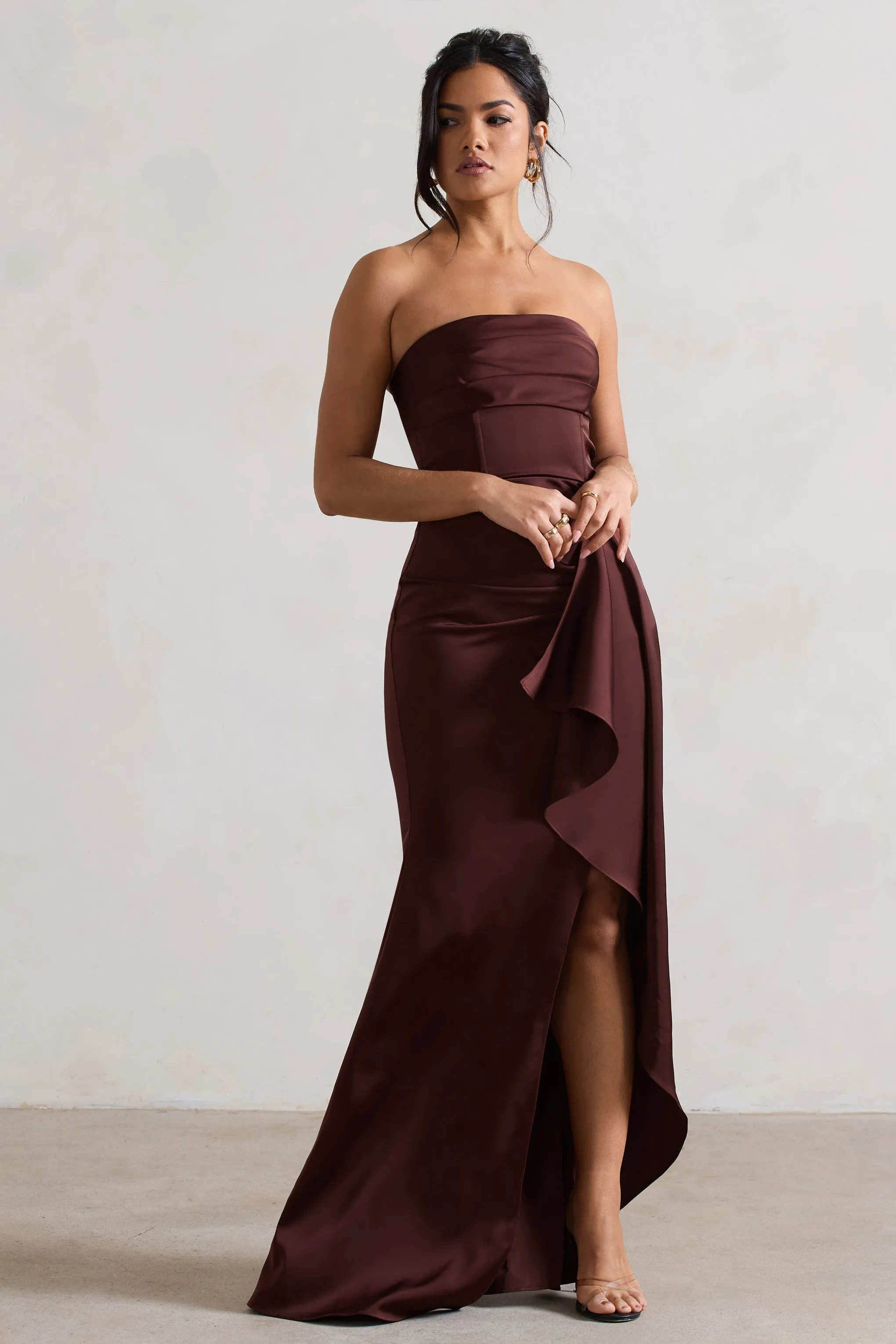 Ace | Chocolate Brown Satin Bandeau Split Maxi Dress With Ruffle Drape Club L London