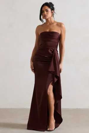 Ace | Chocolate Brown Satin Bandeau Split Maxi Dress With Ruffle Drape Club L London