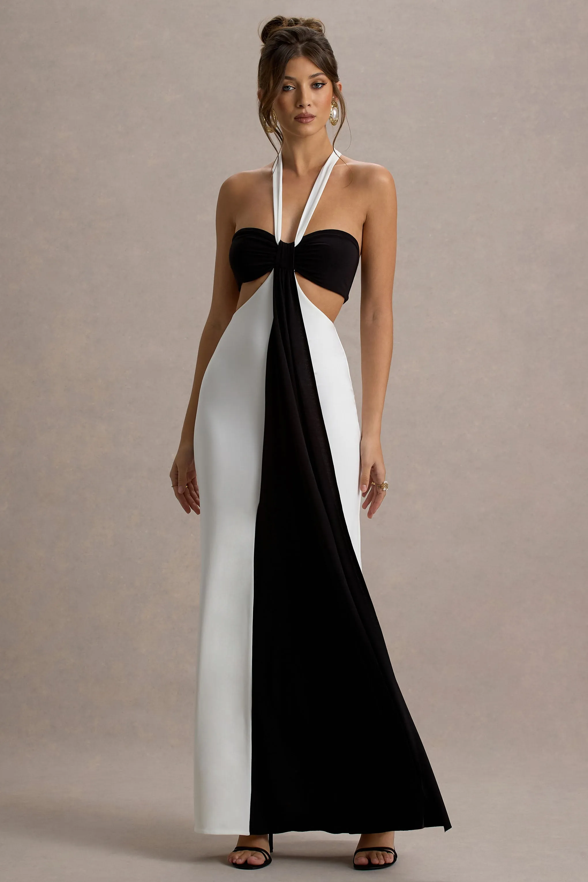 Acentis | Black & White Halter-Neck Cut-Out Maxi Dress Club L London