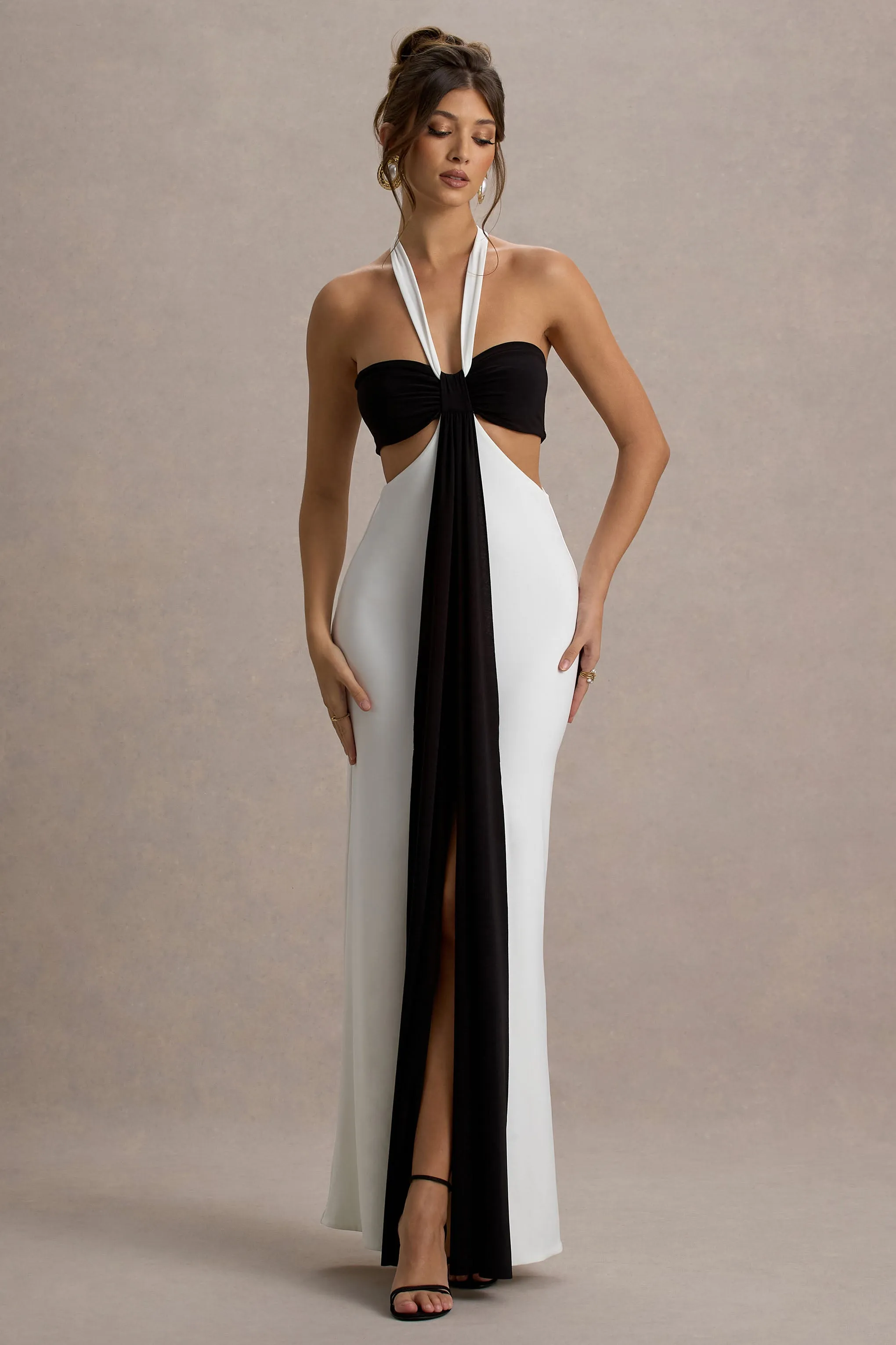 Acentis | Black & White Halter-Neck Cut-Out Maxi Dress Club L London