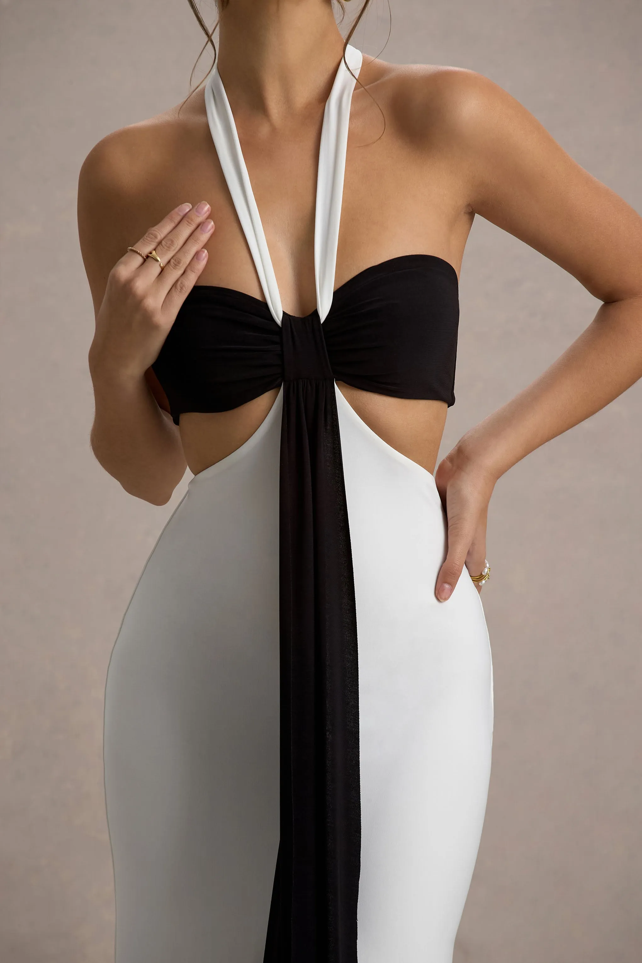 Acentis | Black & White Halter-Neck Cut-Out Maxi Dress Club L London