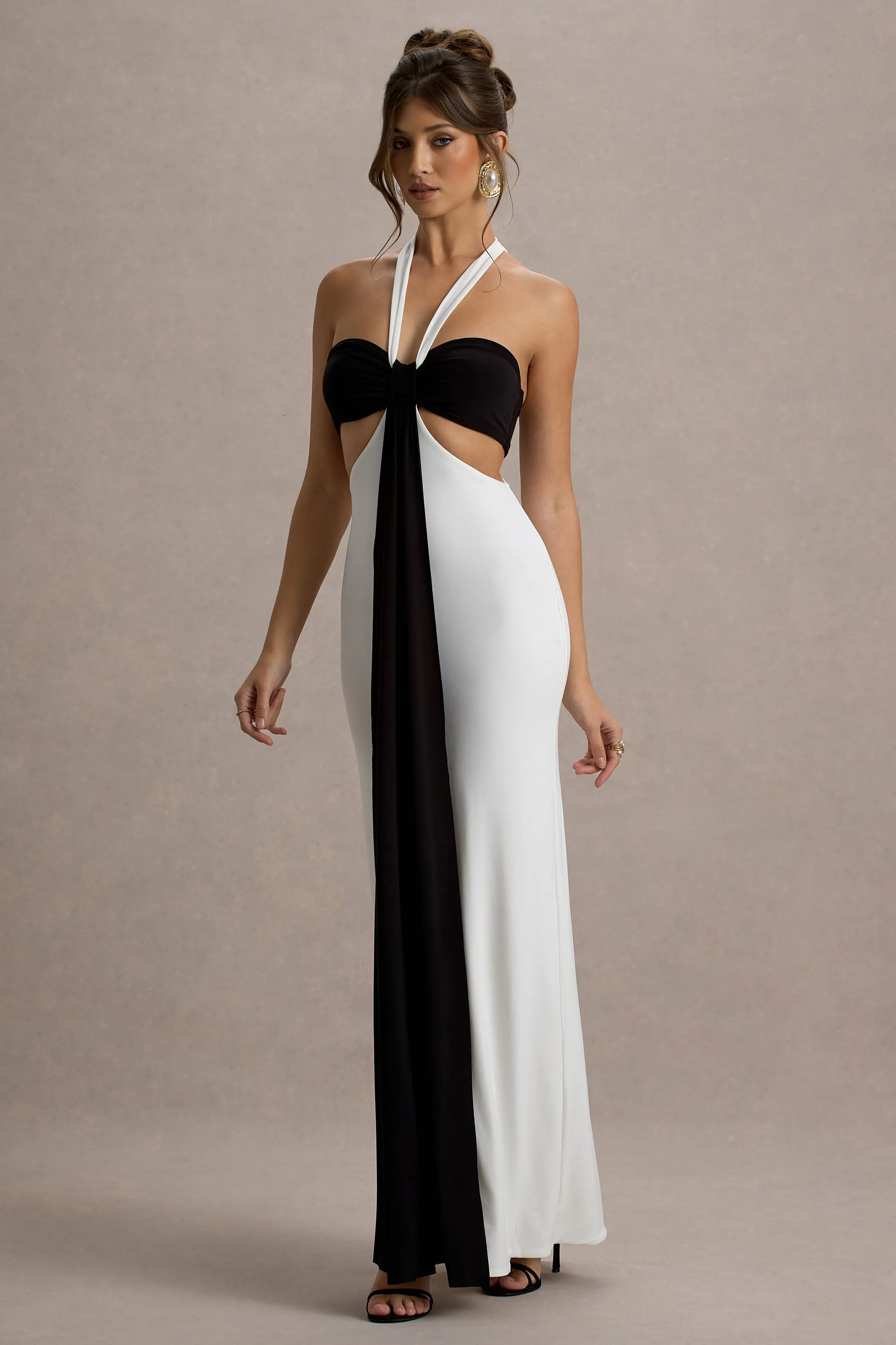 Acentis | Black & White Halter-Neck Cut-Out Maxi Dress Club L London
