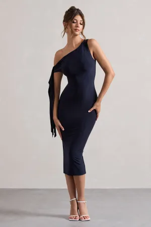 Adapt | Navy Asymmetric Midi Dress With Tie Sleeve Club L London