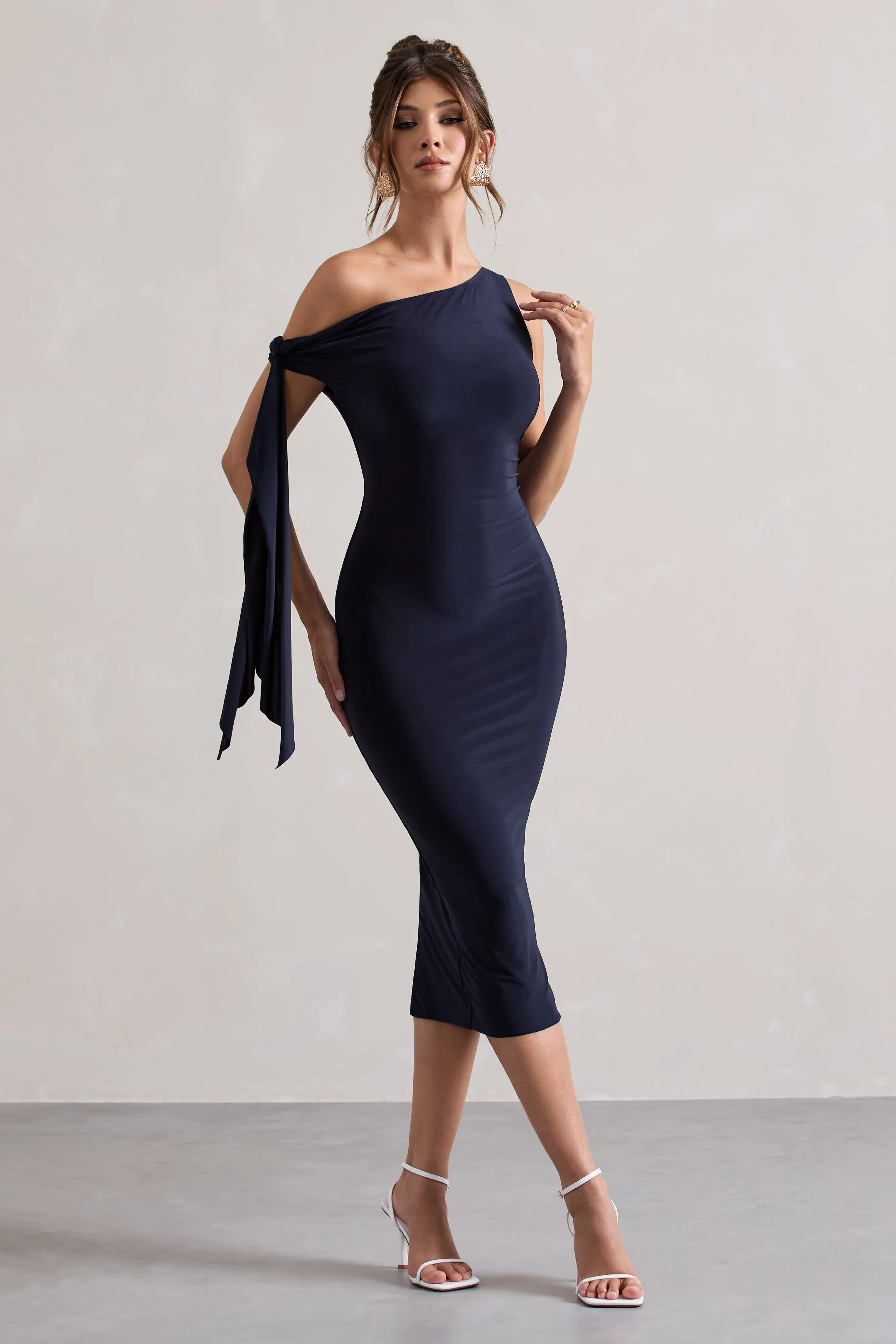 Adapt | Navy Asymmetric Midi Dress With Tie Sleeve Club L London