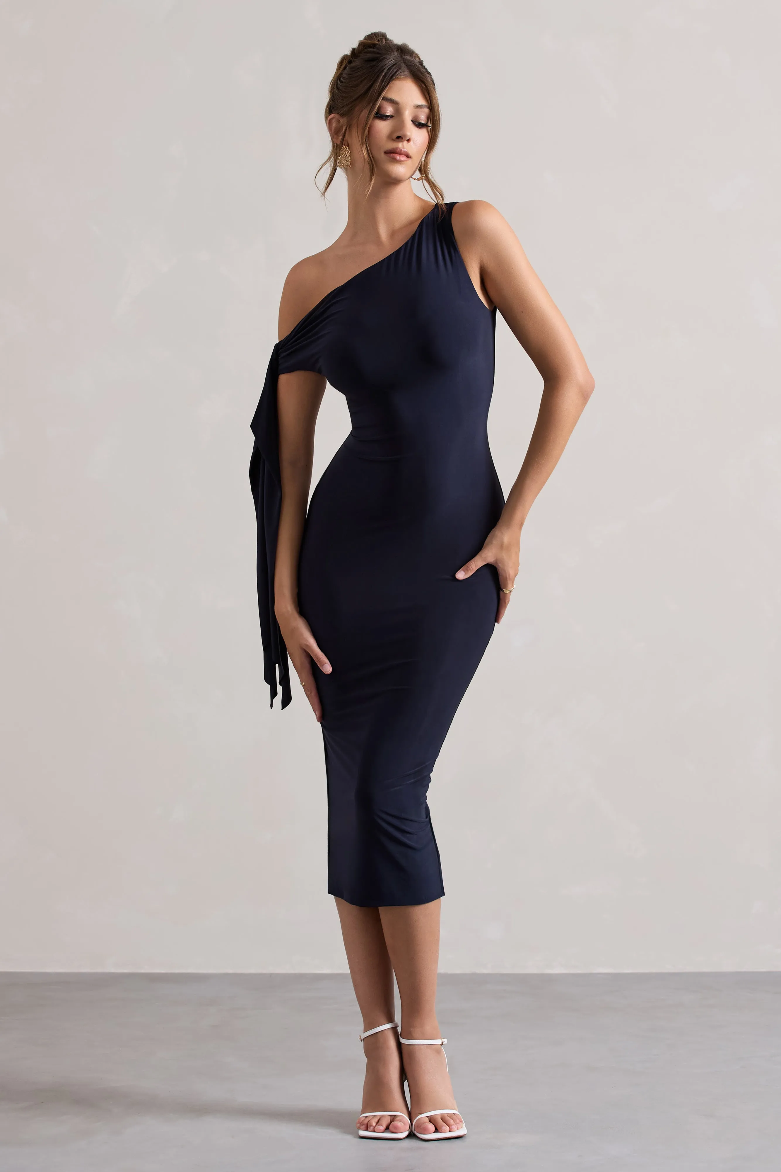 Adapt | Navy Asymmetric Midi Dress With Tie Sleeve Club L London