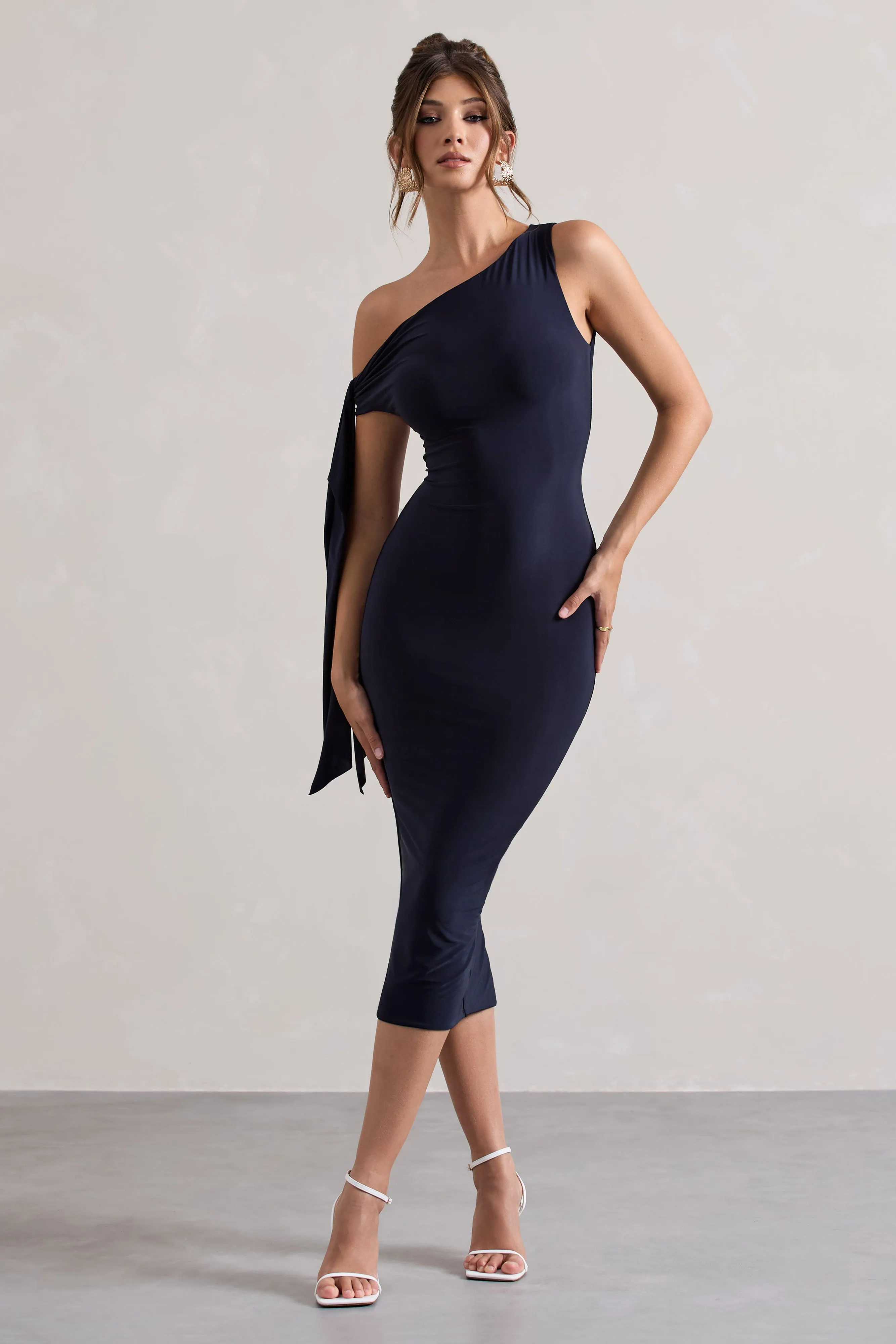 Adapt | Navy Asymmetric Midi Dress With Tie Sleeve Club L London