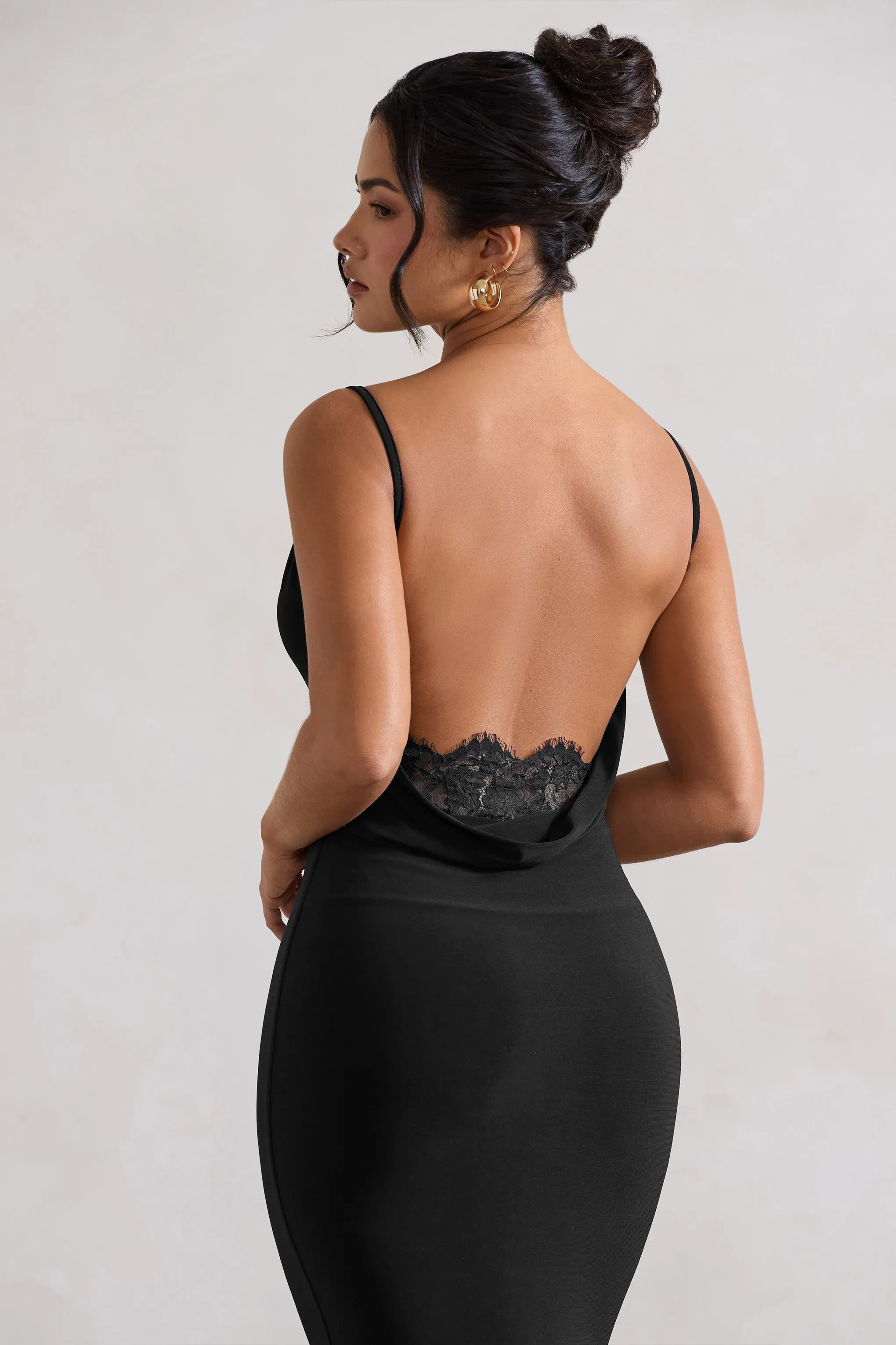 Addison | Black Cowl-Neck Open-Back Midi Dress With Lace Club L London