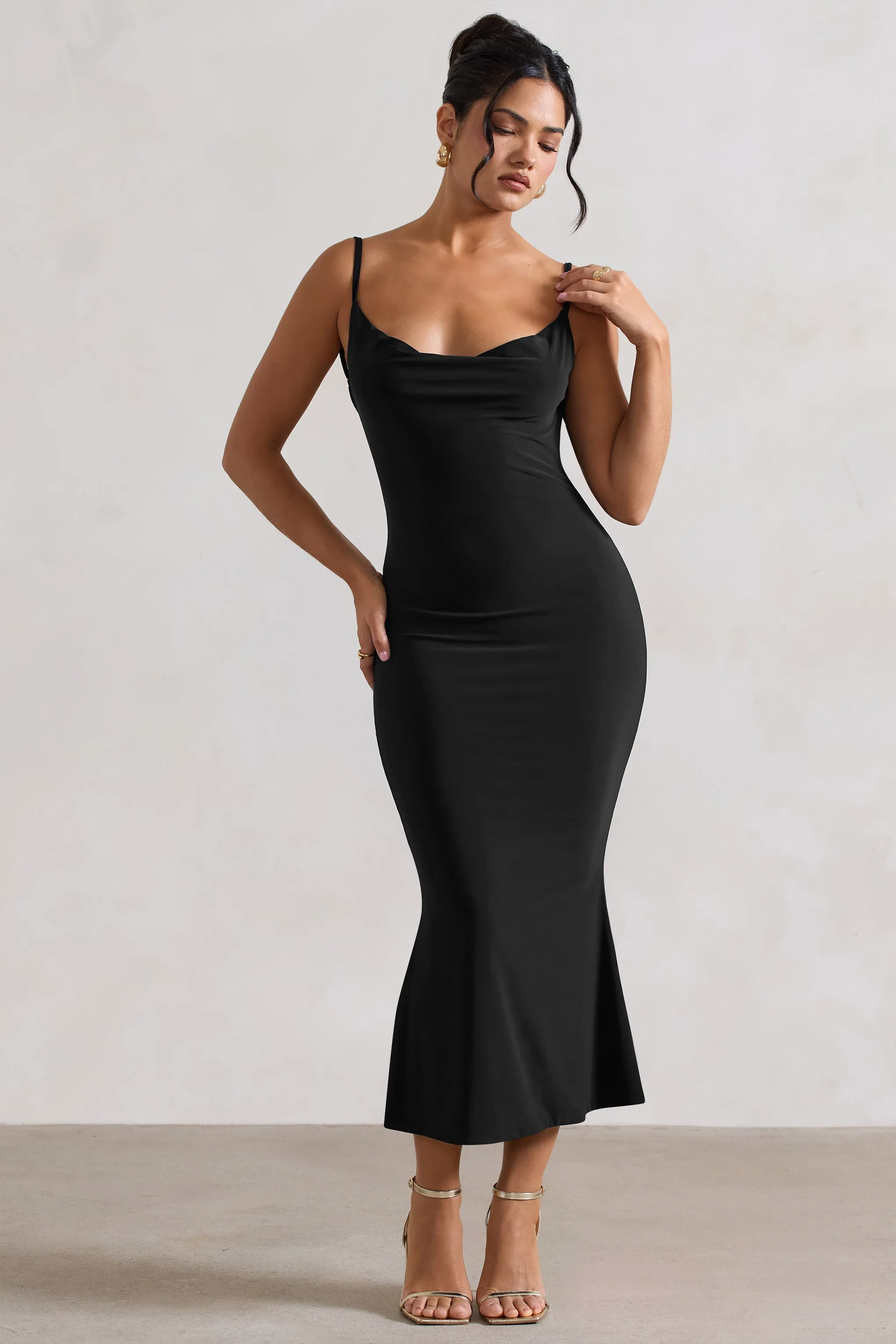Addison | Black Cowl-Neck Open-Back Midi Dress With Lace Club L London