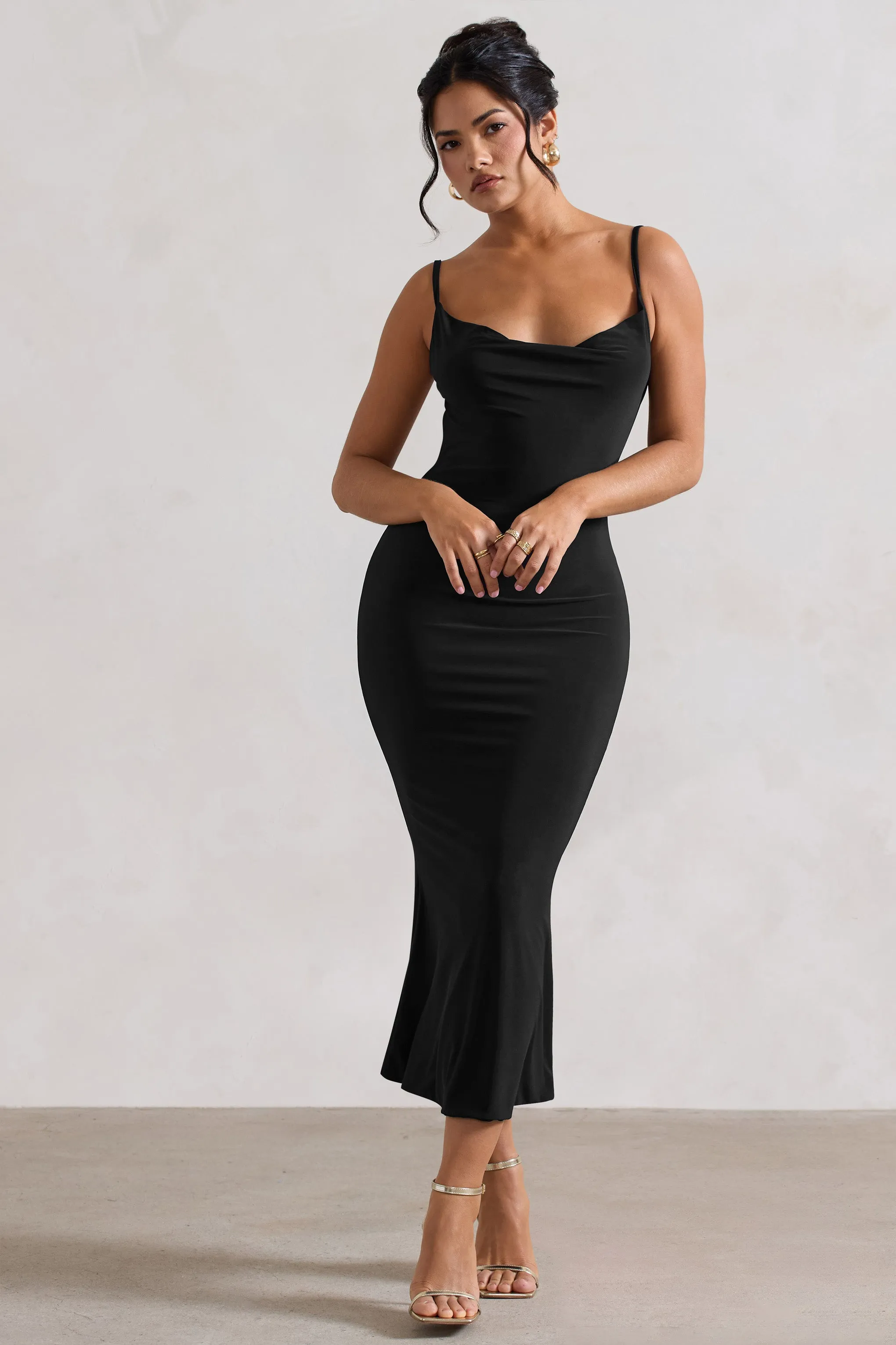 Addison | Black Cowl-Neck Open-Back Midi Dress With Lace Club L London