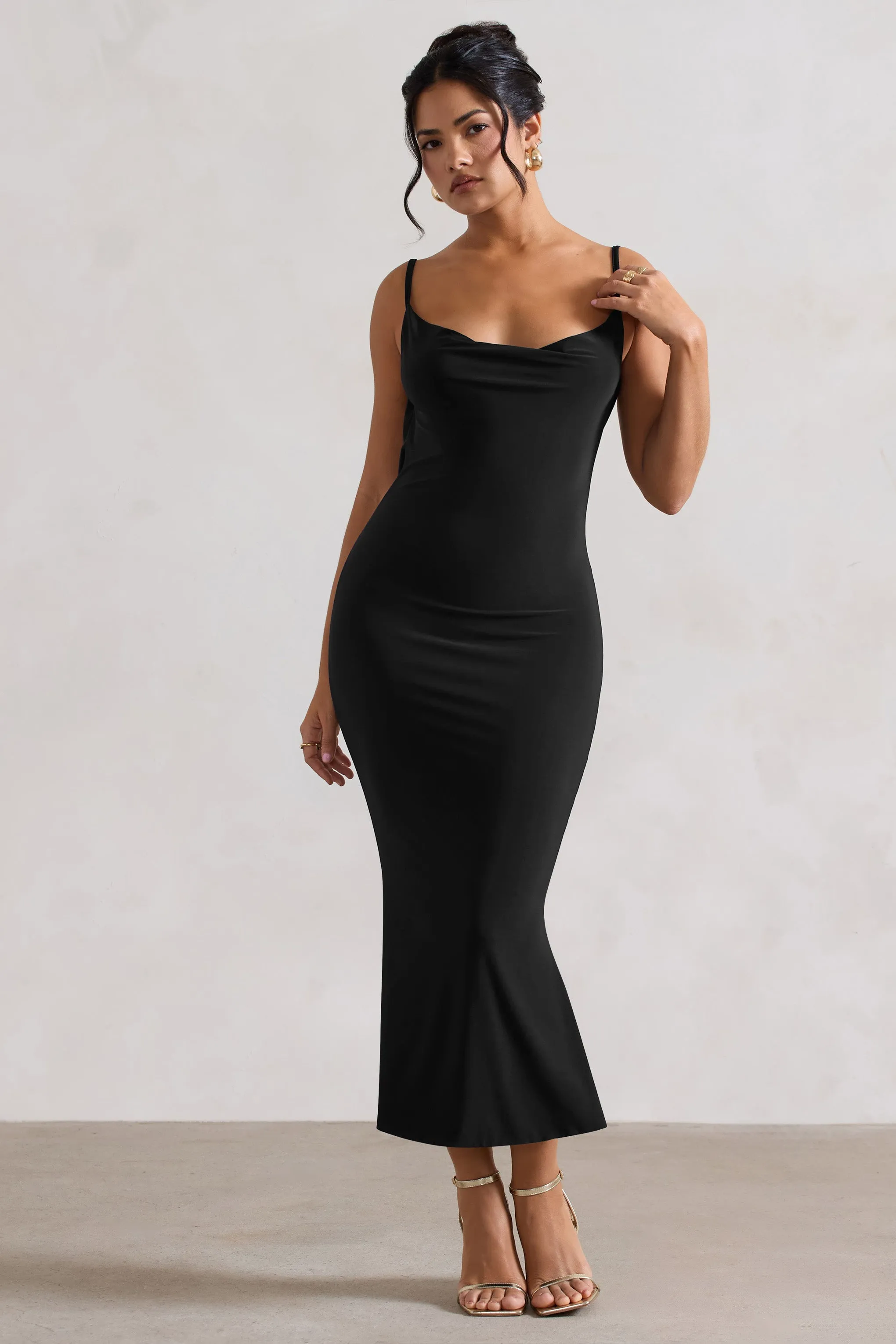 Addison | Black Cowl-Neck Open-Back Midi Dress With Lace Club L London