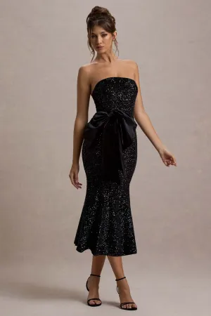 Adee | Black Sequin Velvet Halter-Neck Midi Dress With Bow Club L London