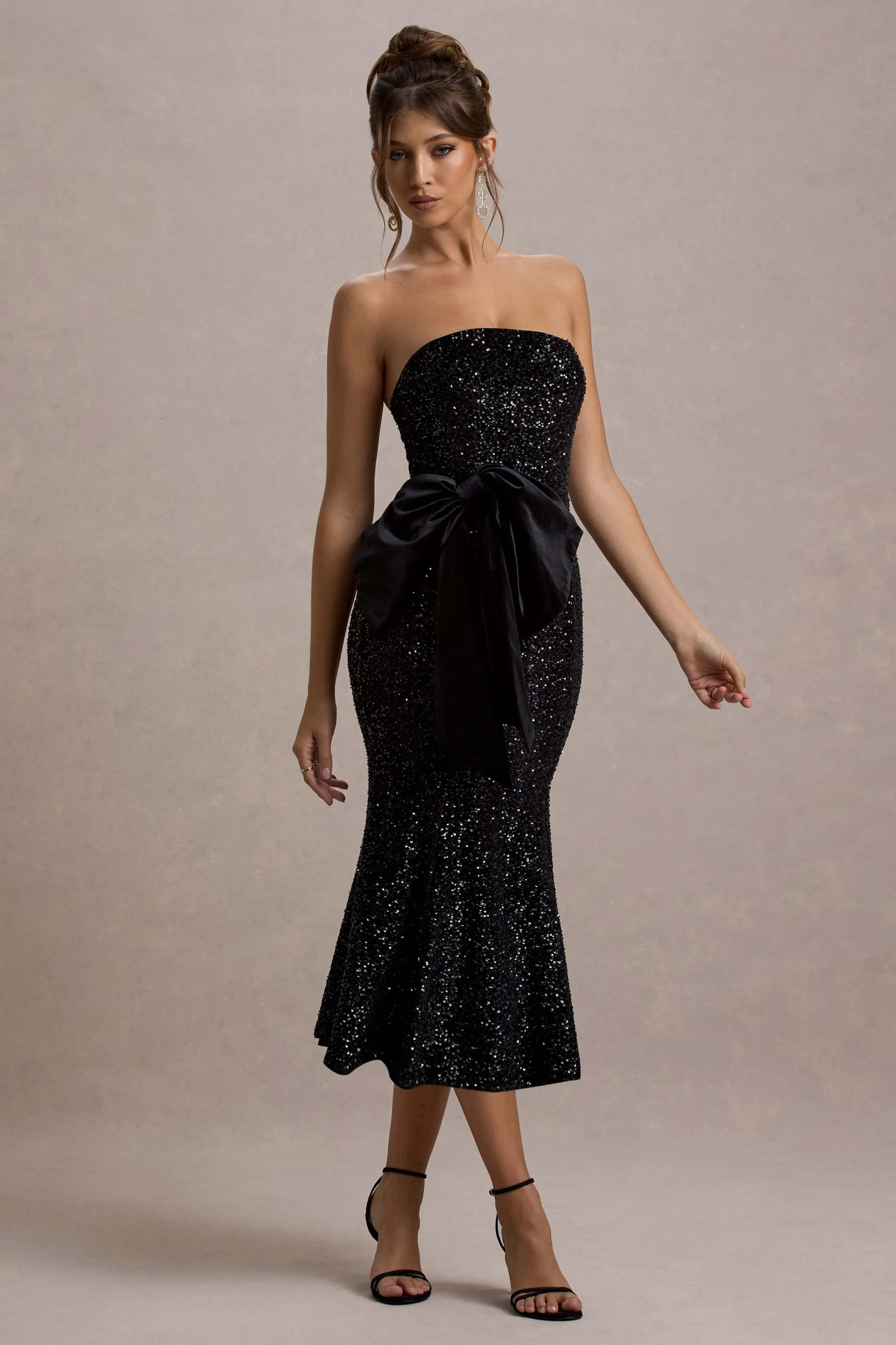 Adee | Black Sequin Velvet Halter-Neck Midi Dress With Bow Club L London