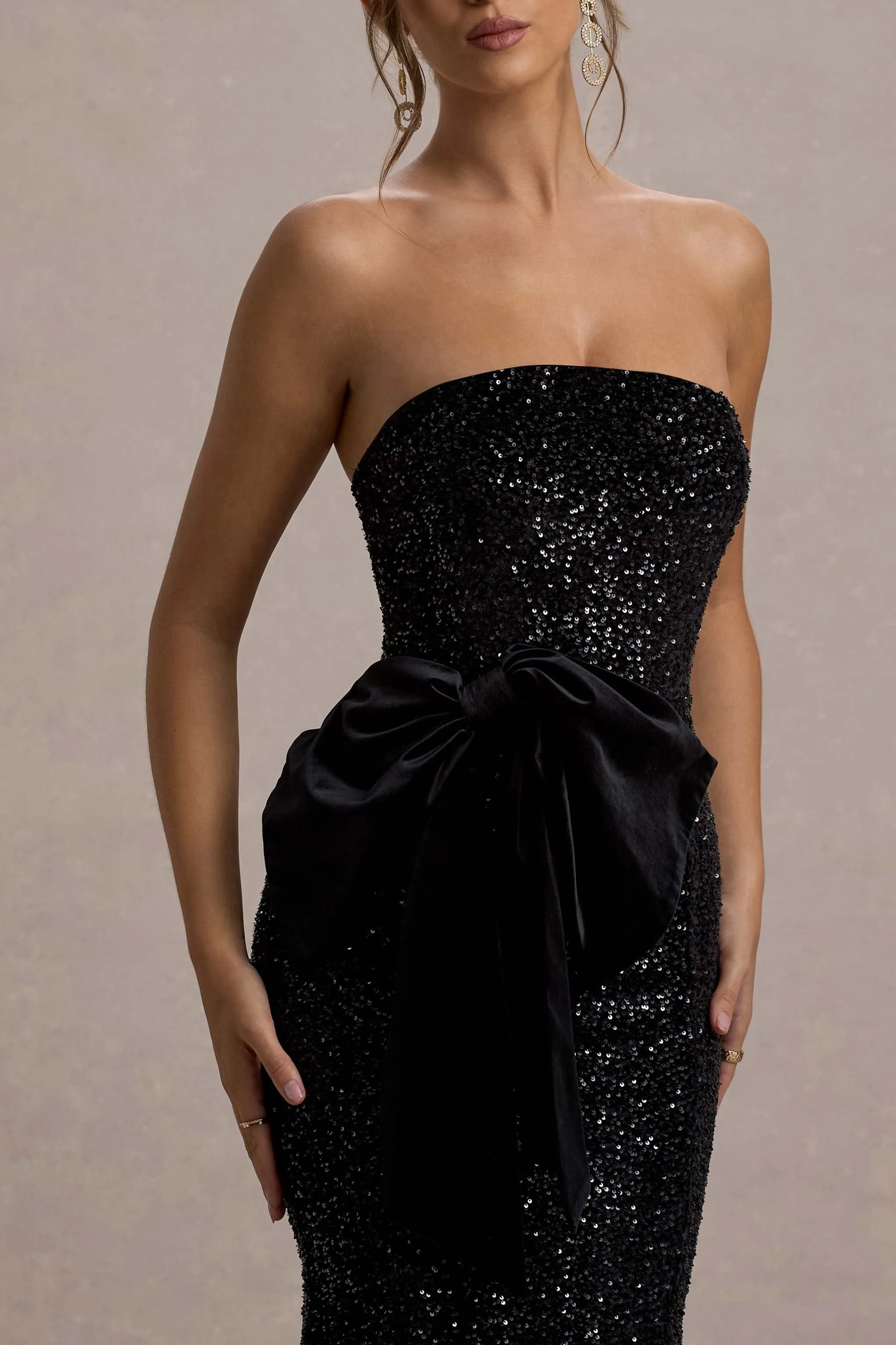 Adee | Black Sequin Velvet Halter-Neck Midi Dress With Bow Club L London