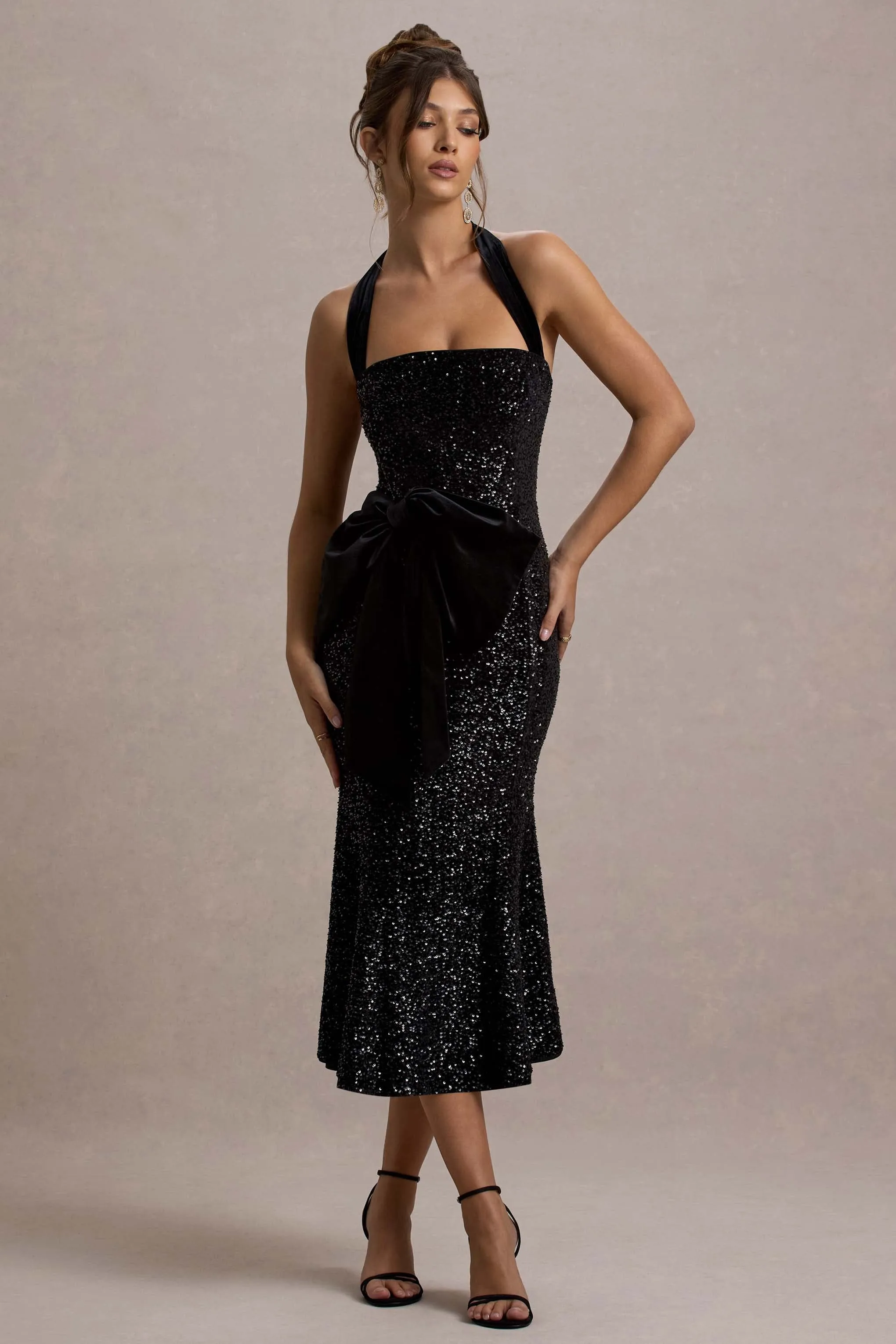 Adee | Black Sequin Velvet Halter-Neck Midi Dress With Bow Club L London